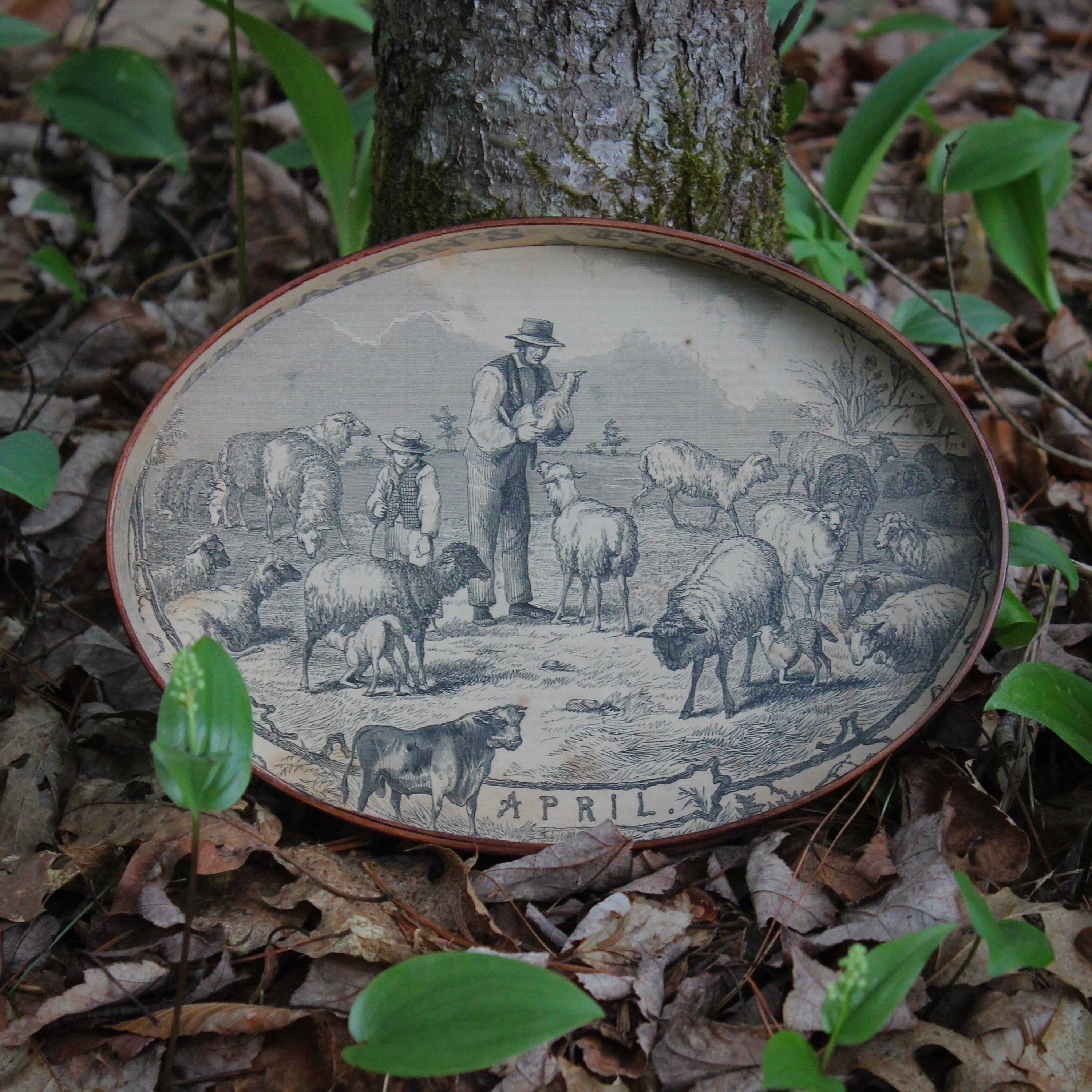 Size #5 Shaker Oval Stitchers Tray — April 1854 Gleason’s Pictorial Farm Scene — Antiqued Natural (B&W Print)