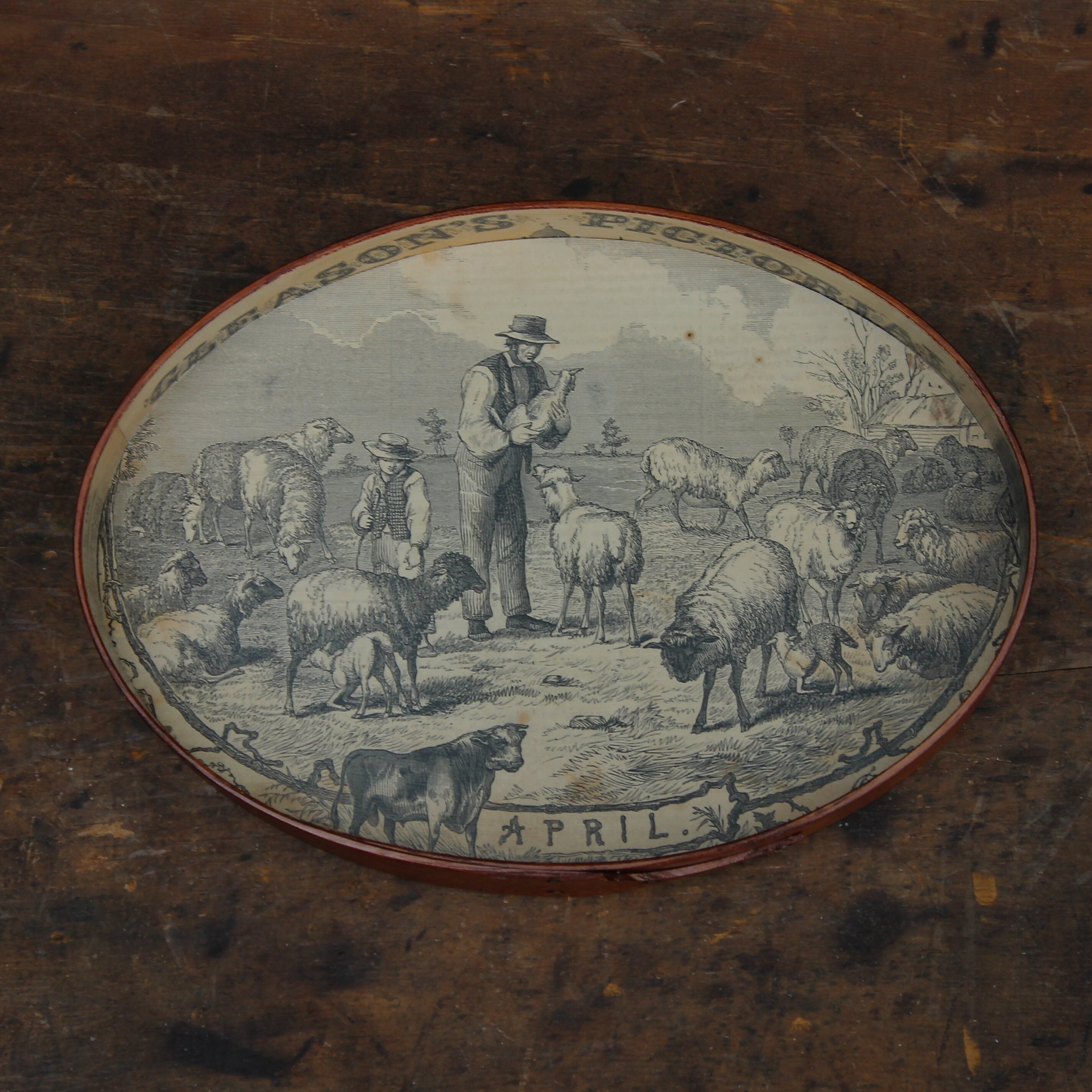 Size #5 Shaker Oval Stitchers Tray — April 1854 Gleason’s Pictorial Farm Scene — Antiqued Natural (B&W Print)