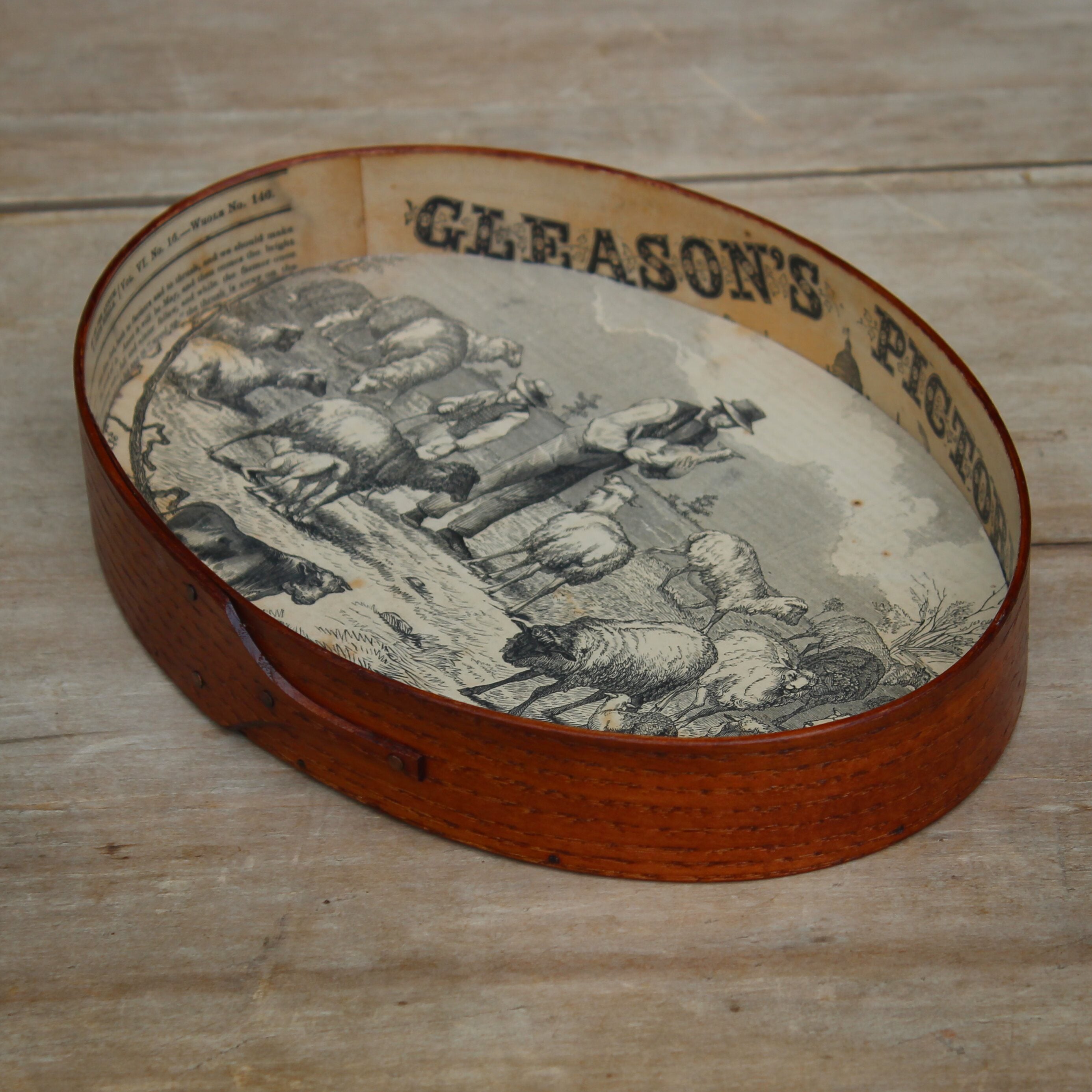 Size #5 Shaker Oval Stitchers Tray — April 1854 Gleason’s Pictorial Farm Scene — Antiqued Natural (B&W Print)