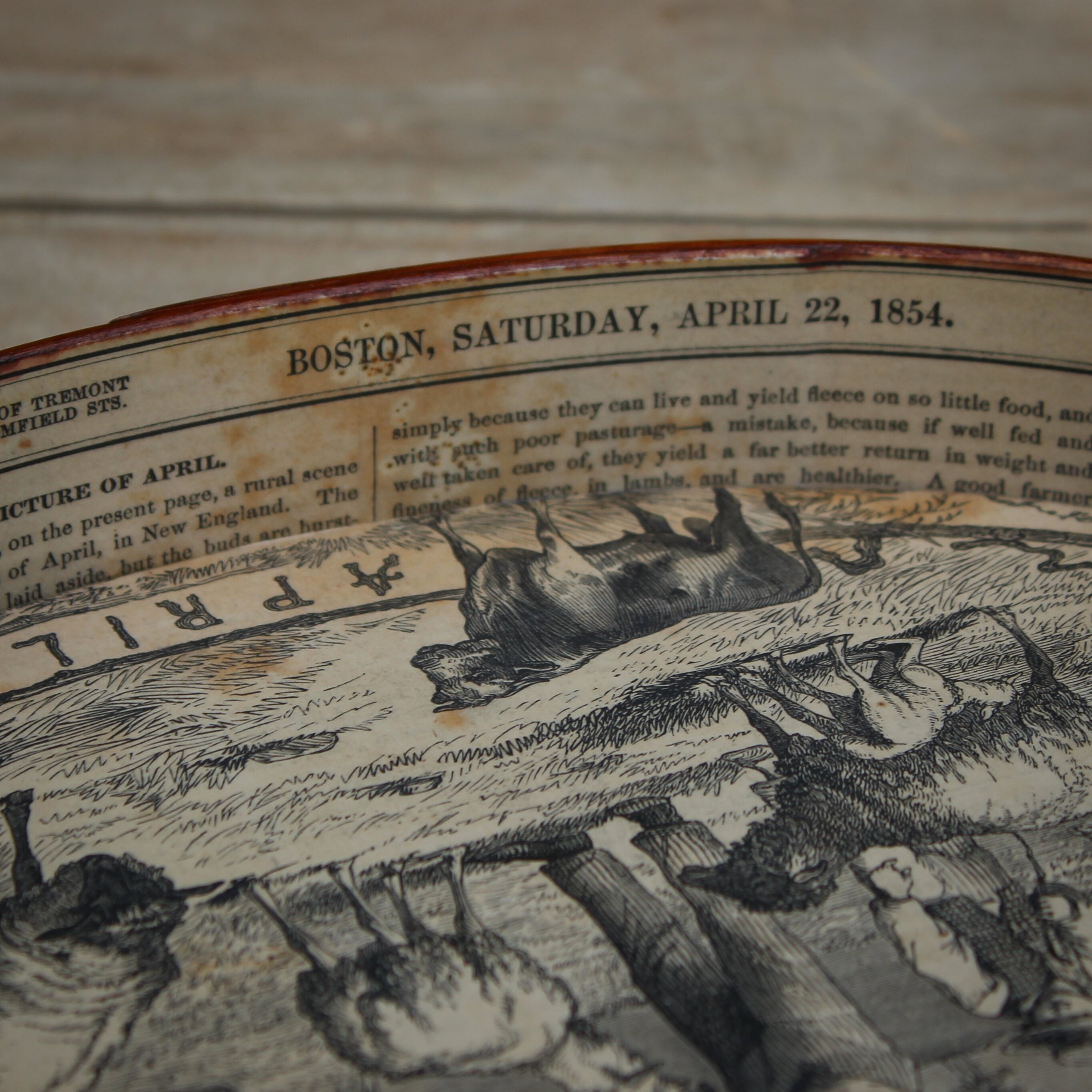 Size #5 Shaker Oval Stitchers Tray — April 1854 Gleason’s Pictorial Farm Scene — Antiqued Natural (B&W Print)