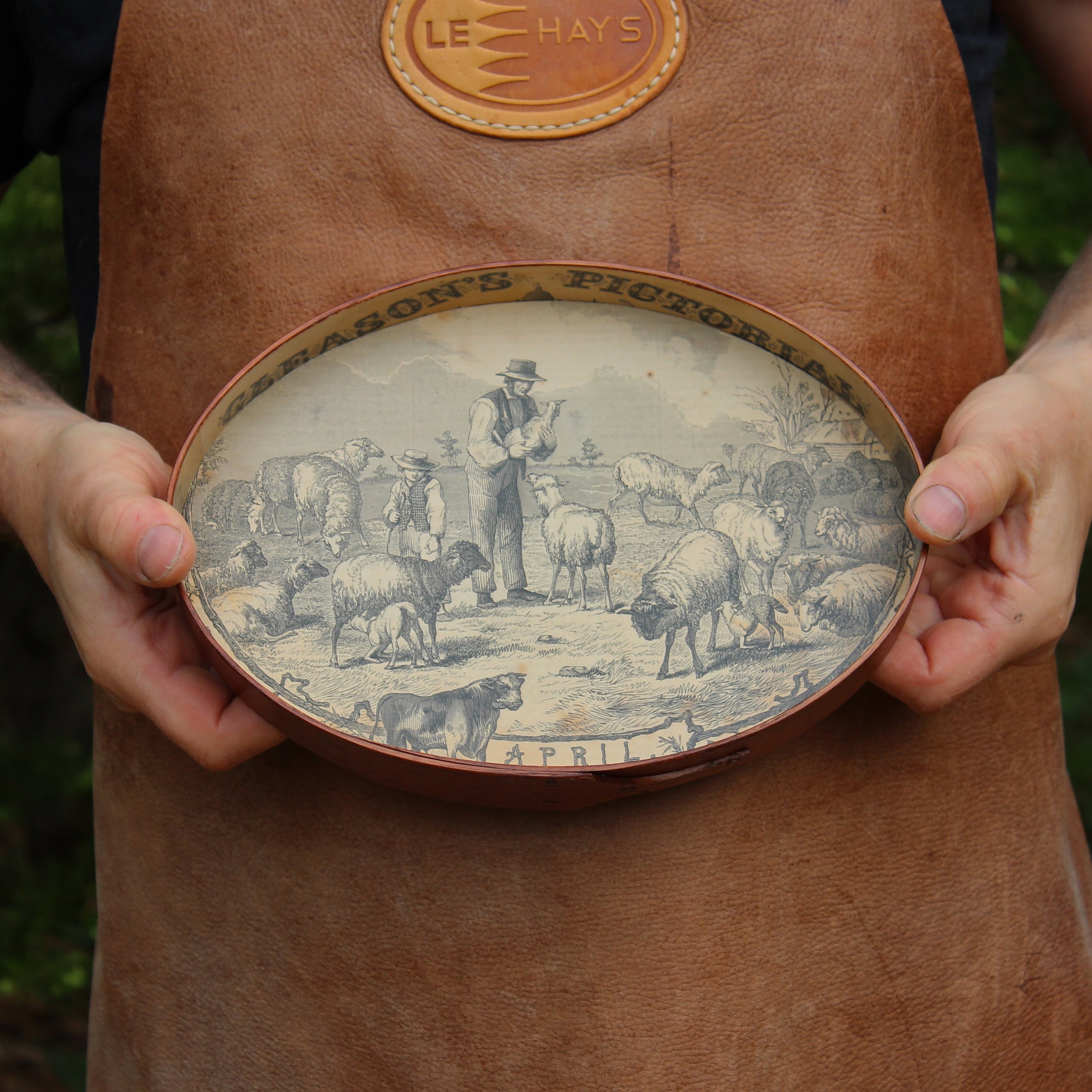Size #5 Shaker Oval Stitchers Tray — April 1854 Gleason’s Pictorial Farm Scene — Antiqued Natural (B&W Print)