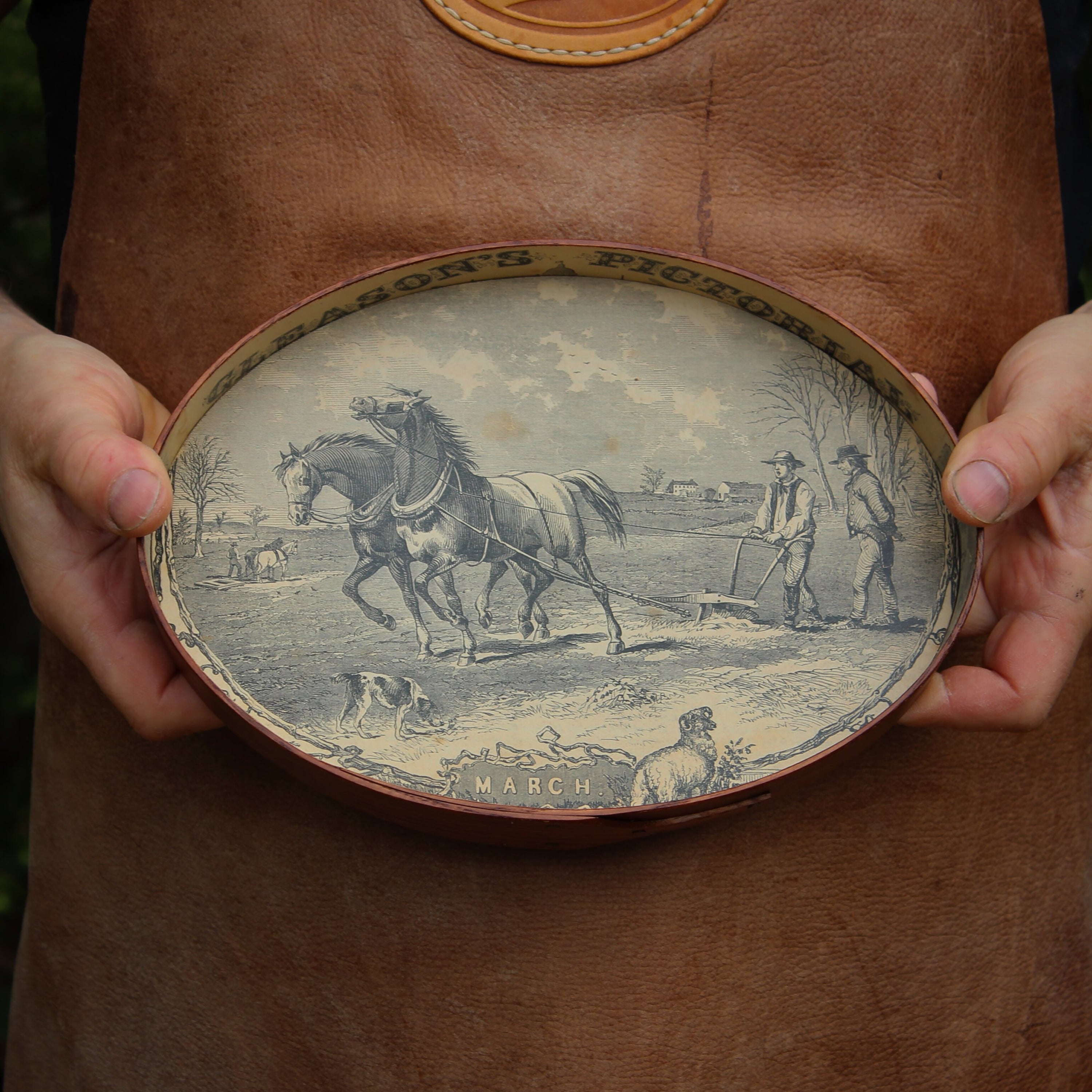 Size #5 Shaker Oval Stitchers Tray — March 1854 Gleason’s Pictorial Farm Scene — Antiqued Natural (B&W Print)