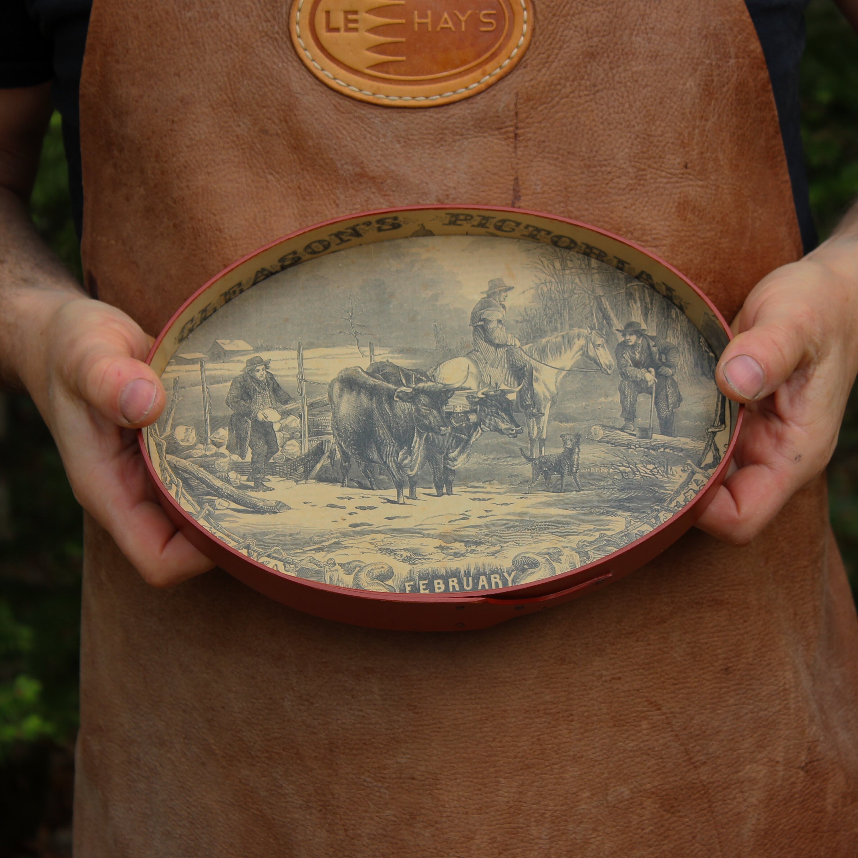 Size #5 Shaker Oval Stitchers Tray — February 1854 Gleason’s Pictorial Farm Scene — Antiqued Natural (B&W Print)