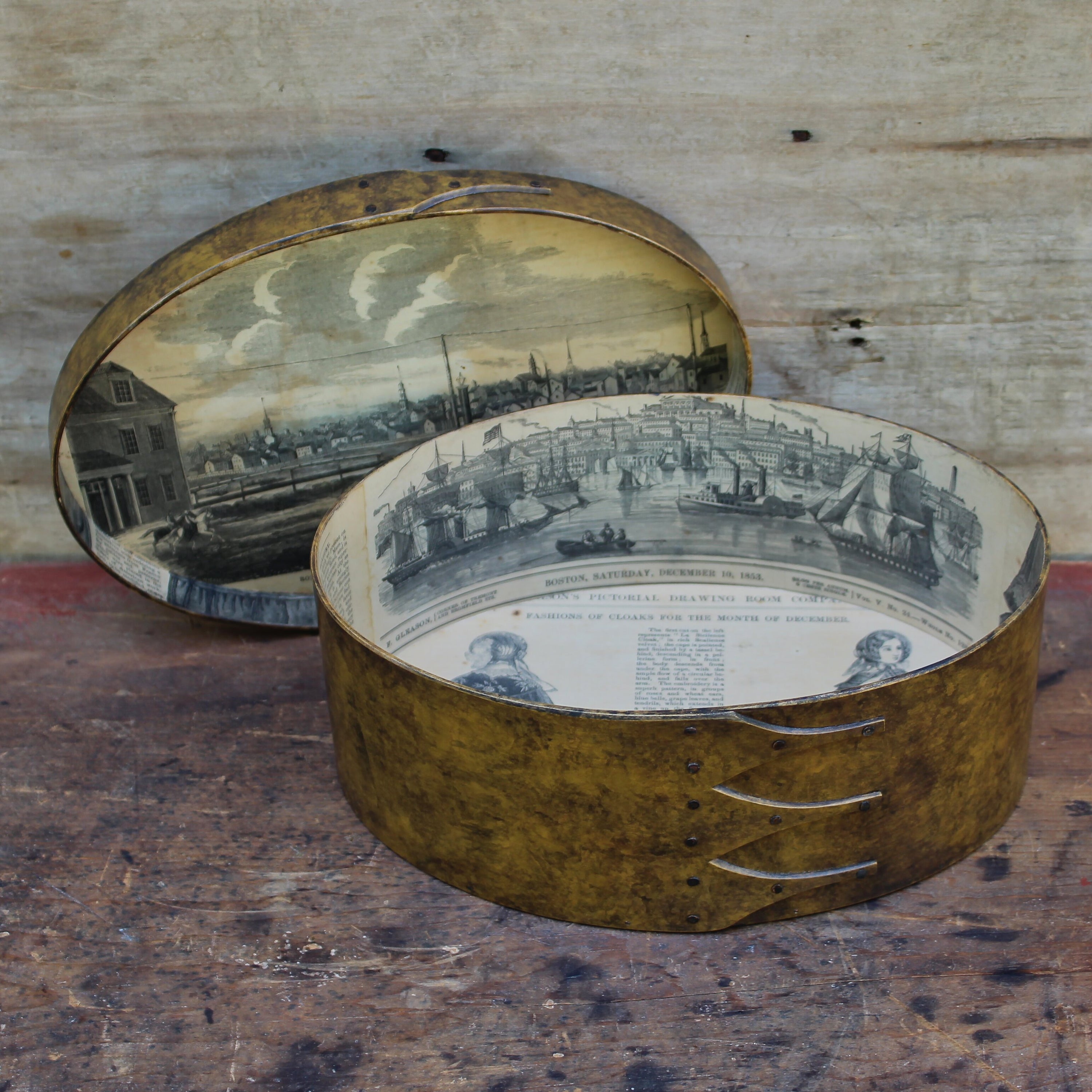 Size #5 Shaker Oval Box, 1853 Antique Paper Lined, Sponge Painted Finish