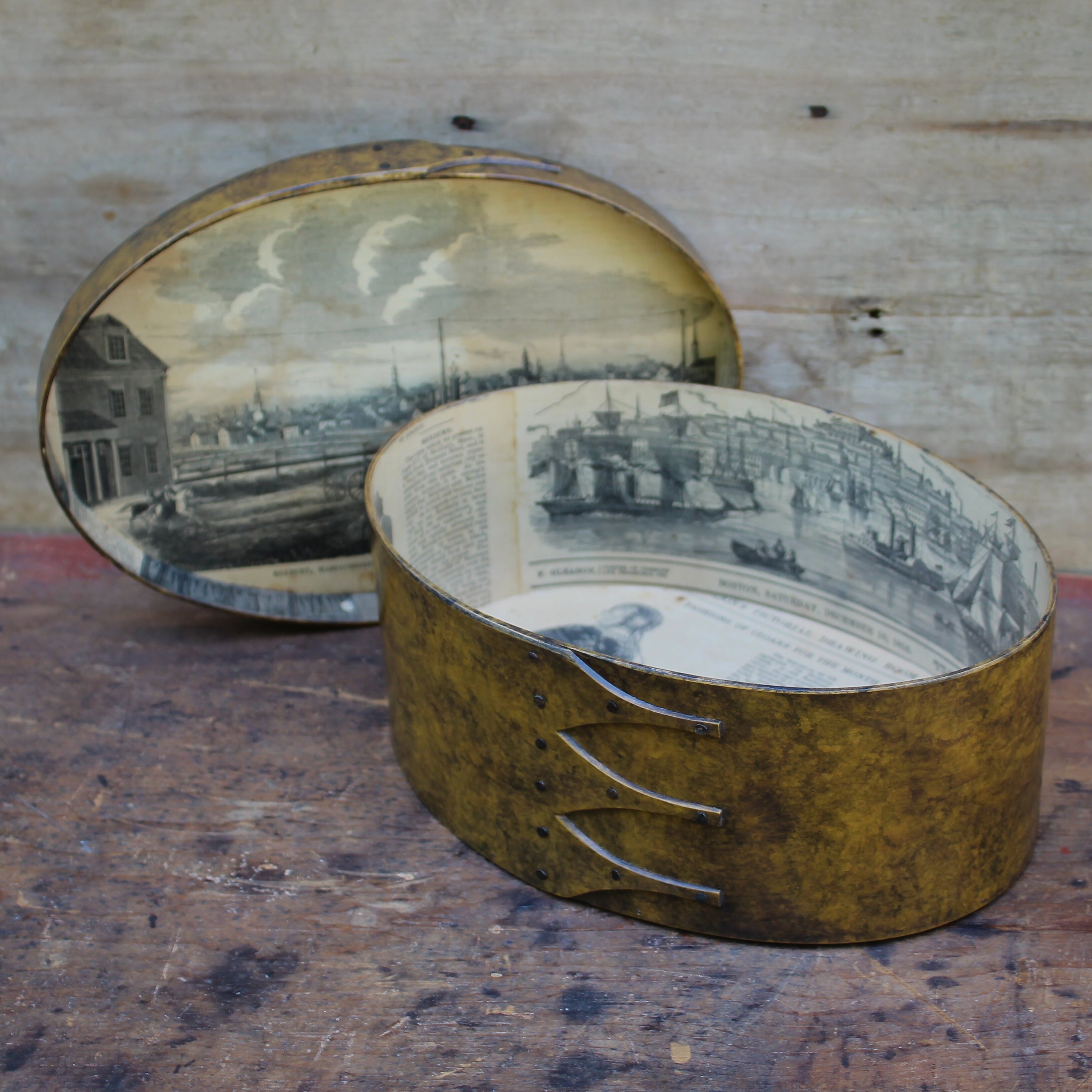 Size #5 Shaker Oval Box, 1853 Antique Paper Lined, Sponge Painted Finish