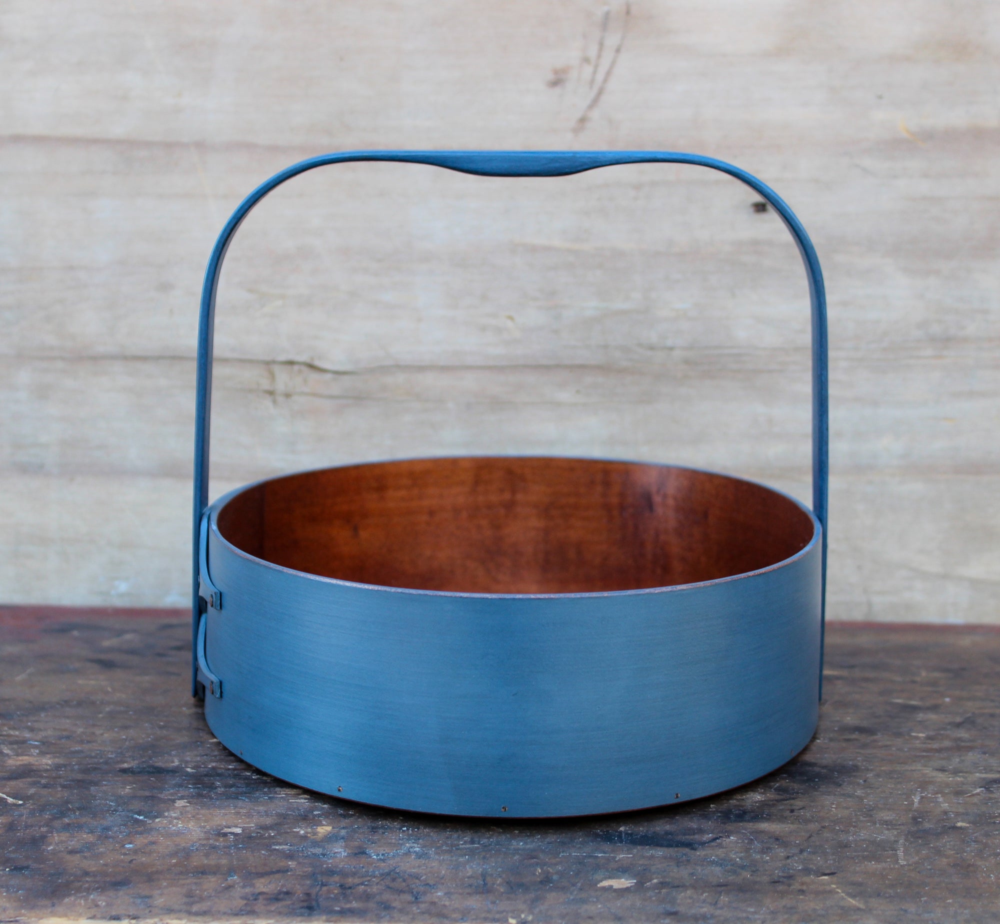 Large Shaker Style Sewing Carrier, LeHays Shaker Boxes, Handcrafted in Maine, Blue Milk Paint Finish, Handle View