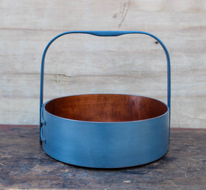 Large Shaker Style Sewing Carrier, LeHays Shaker Boxes, Handcrafted in Maine, Blue Milk Paint Finish, Handle View