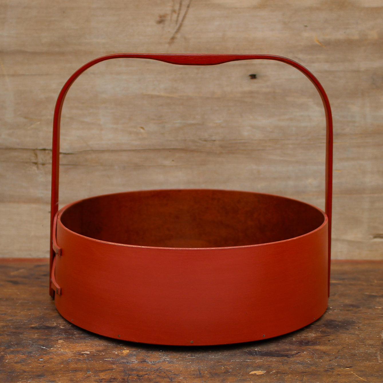 Large Shaker Style Sewing Carrier, LeHays Shaker Boxes, Handcrafted in Maine, Red Milk Paint Finish, Handle View
