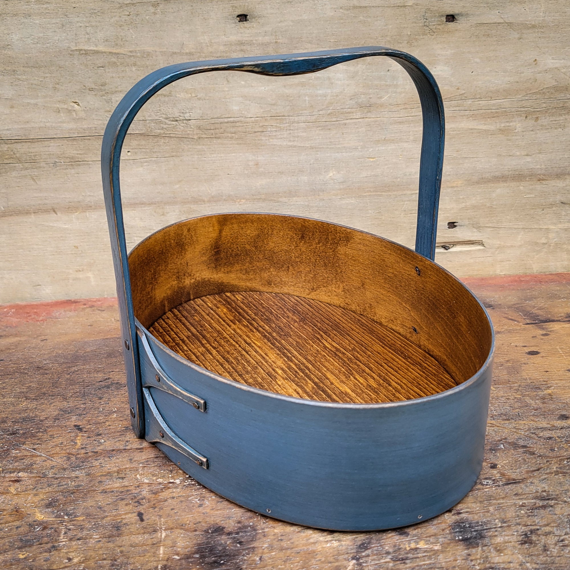 Medium Shaker Style Sewing Carrier, LeHays Shaker Boxes, Handcrafted in Maine, Blue Milk Paint Finish, Side View