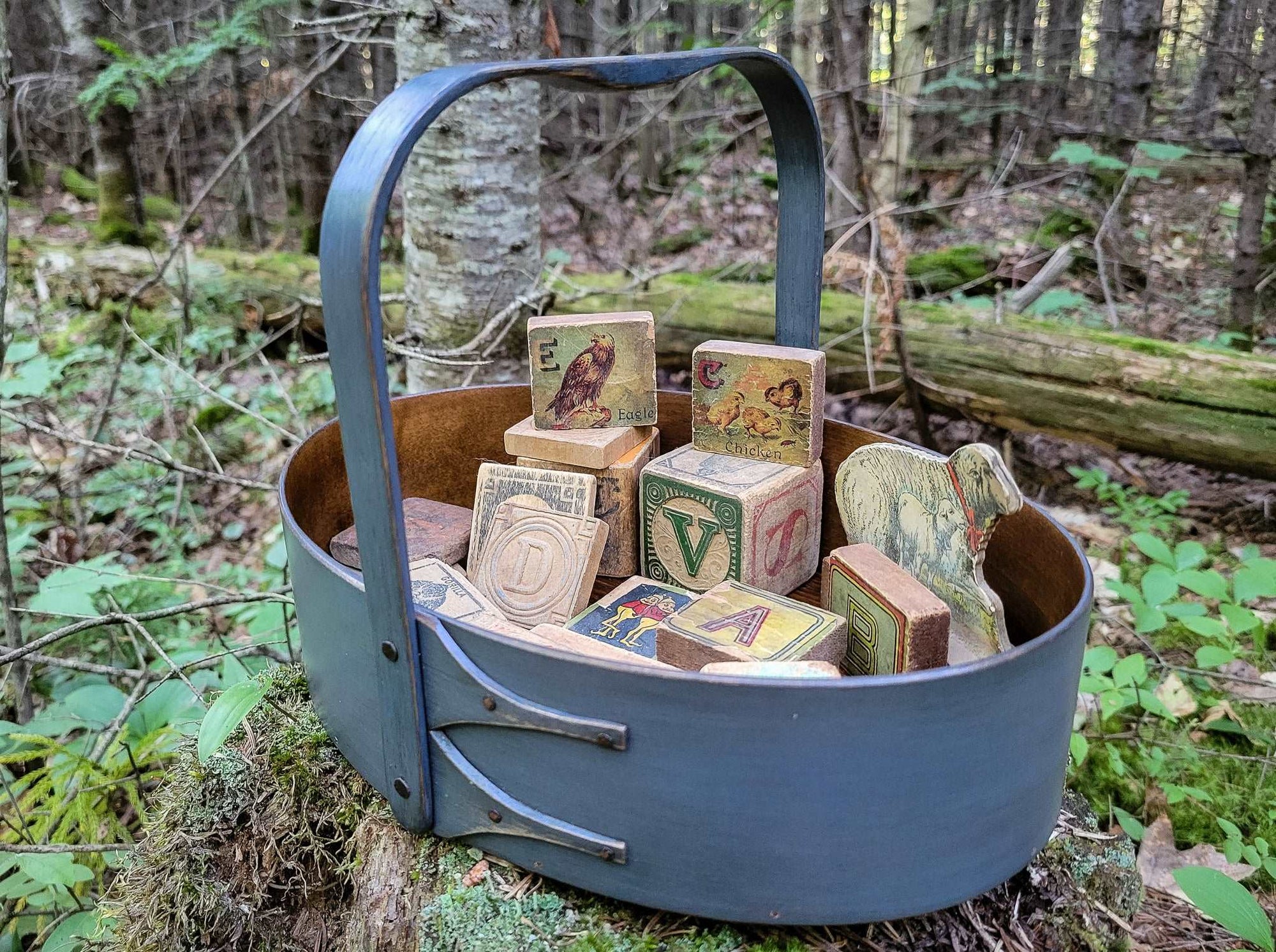 Medium Shaker Style Sewing Carrier, LeHays Shaker Boxes, Handcrafted in Maine, Blue Milk Paint Finish, Shown Outside
