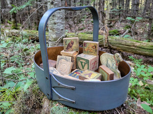 Medium Shaker Style Sewing Carrier, LeHays Shaker Boxes, Handcrafted in Maine, Blue Milk Paint Finish, Shown Outside