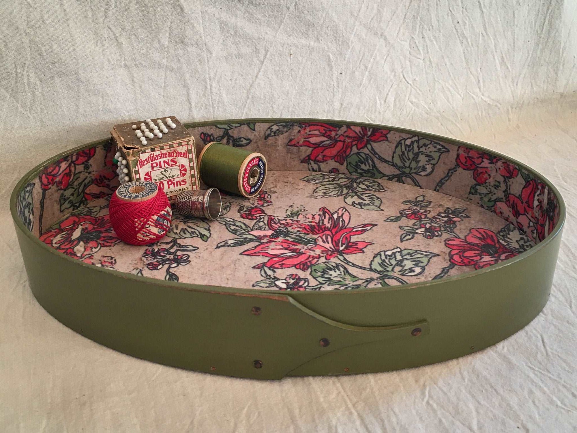 Shaker Style Oval Stitchers Tray with Papered Interior, LeHays Shaker Boxes, Handcrafted in Maine, Green Milk Paint Finish