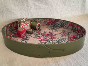 Shaker Style Oval Stitchers Tray with Papered Interior, LeHays Shaker Boxes, Handcrafted in Maine, Green Milk Paint Finish