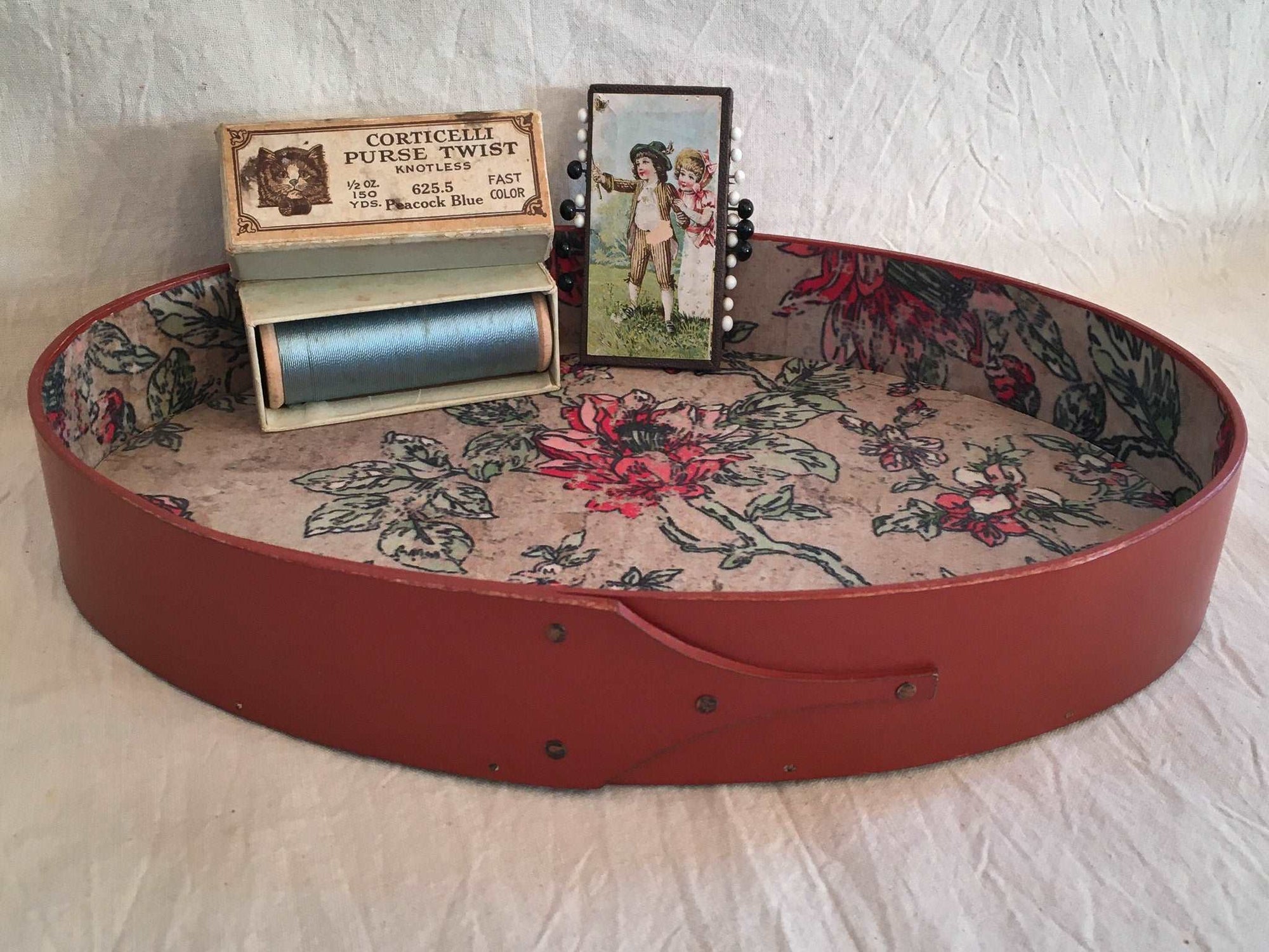 Shaker Style Oval Stitchers Tray with Papered Interior, LeHays Shaker Boxes, Handcrafted in Maine, Red Milk Paint Finish