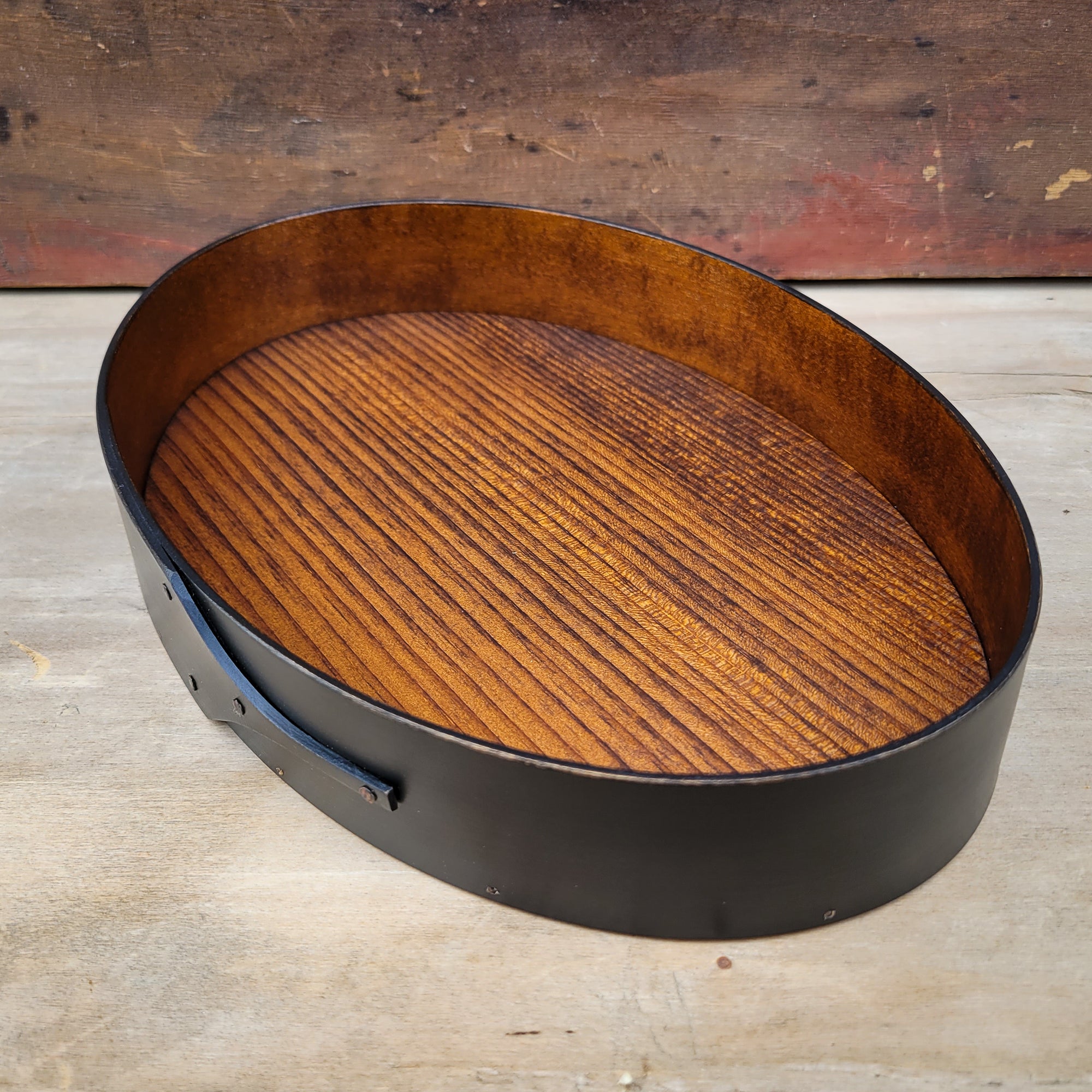 Shaker Style Oval Stitchers Tray, LeHays Shaker Boxes, Handcrafted in Maine, Black Milk Paint Finish, Side View