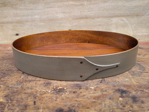 Shaker Style Oval Stitchers Tray, LeHays Shaker Boxes, Handcrafted in Maine, Grey Milk Paint Finish, Front View