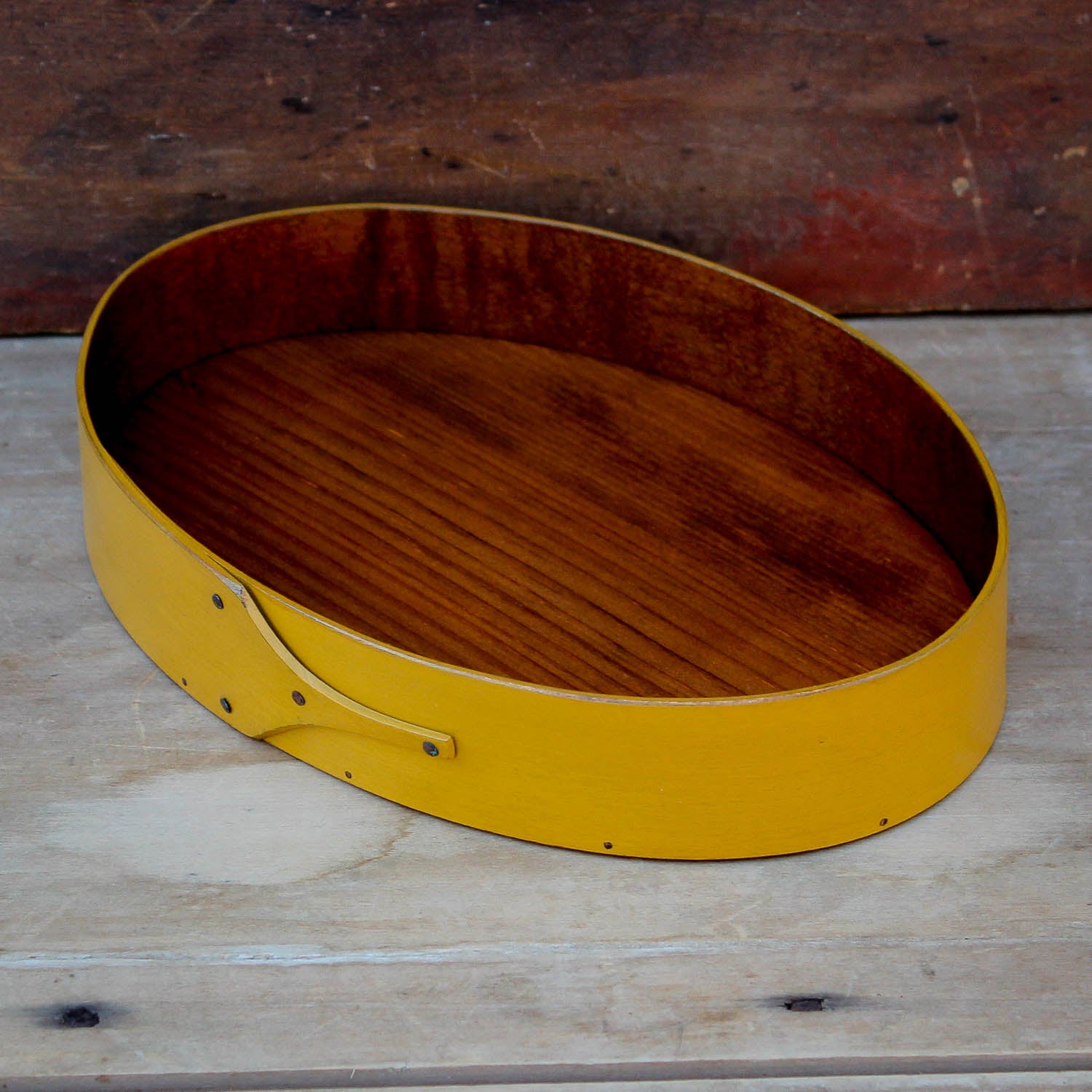 Shaker Style Oval Stitchers Tray, LeHays Shaker Boxes, Handcrafted in Maine, Yellow Milk Paint Finish, Side View