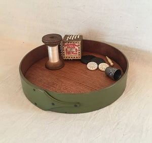 Shaker Style Round Stitchers Tray, LeHays Shaker Boxes, Handcrafted in Maine, Green Milk Paint Finish, Shown Holding Sewing Items