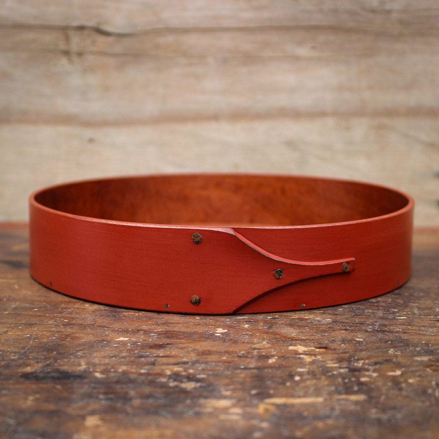 Shaker Style Round Stitchers Tray, LeHays Shaker Boxes, Handcrafted in Maine, Red Milk Paint Finish, Front View