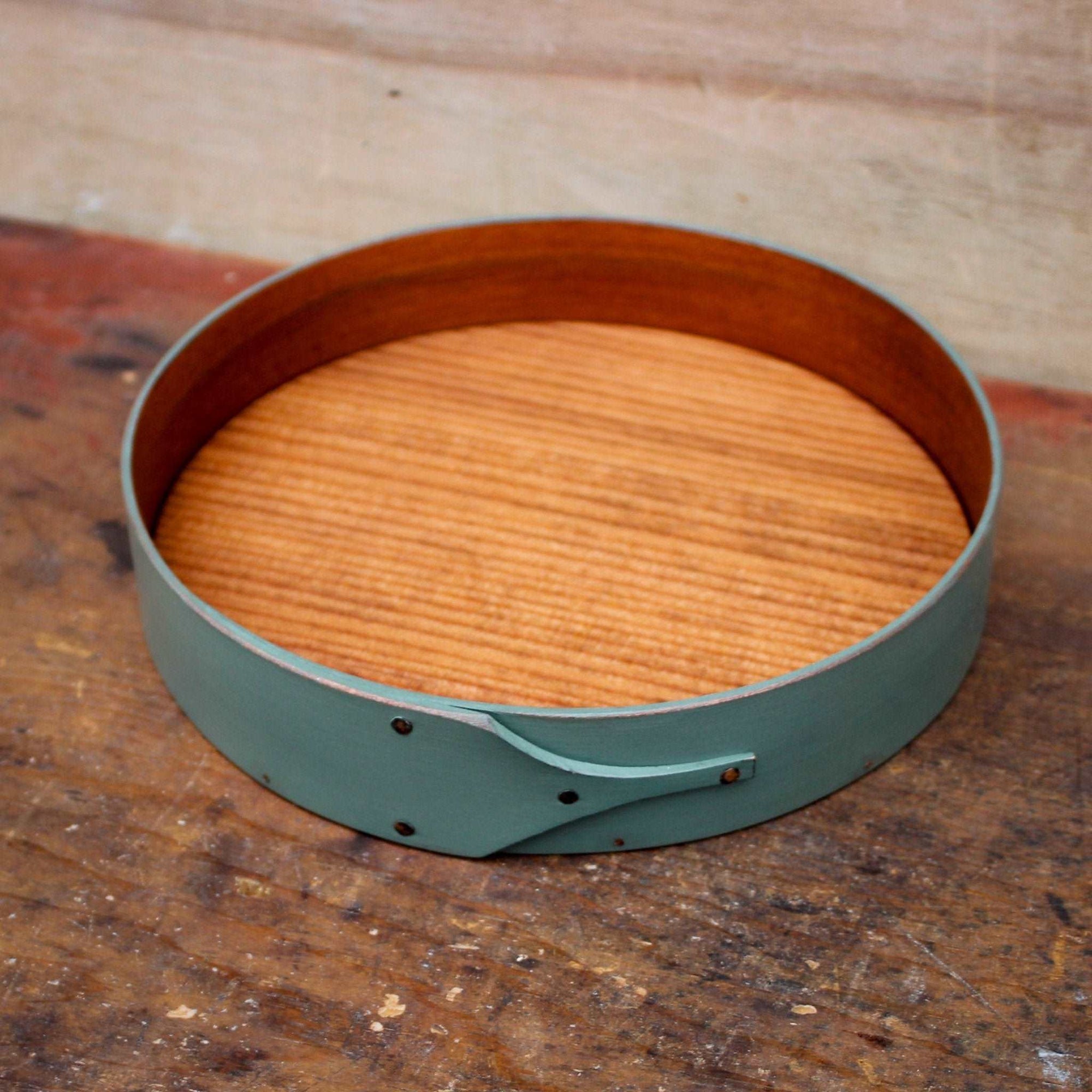 Shaker Style Round Stitchers Tray, LeHays Shaker Boxes, Handcrafted in Maine, Sea Green Milk Paint Finish, Top View