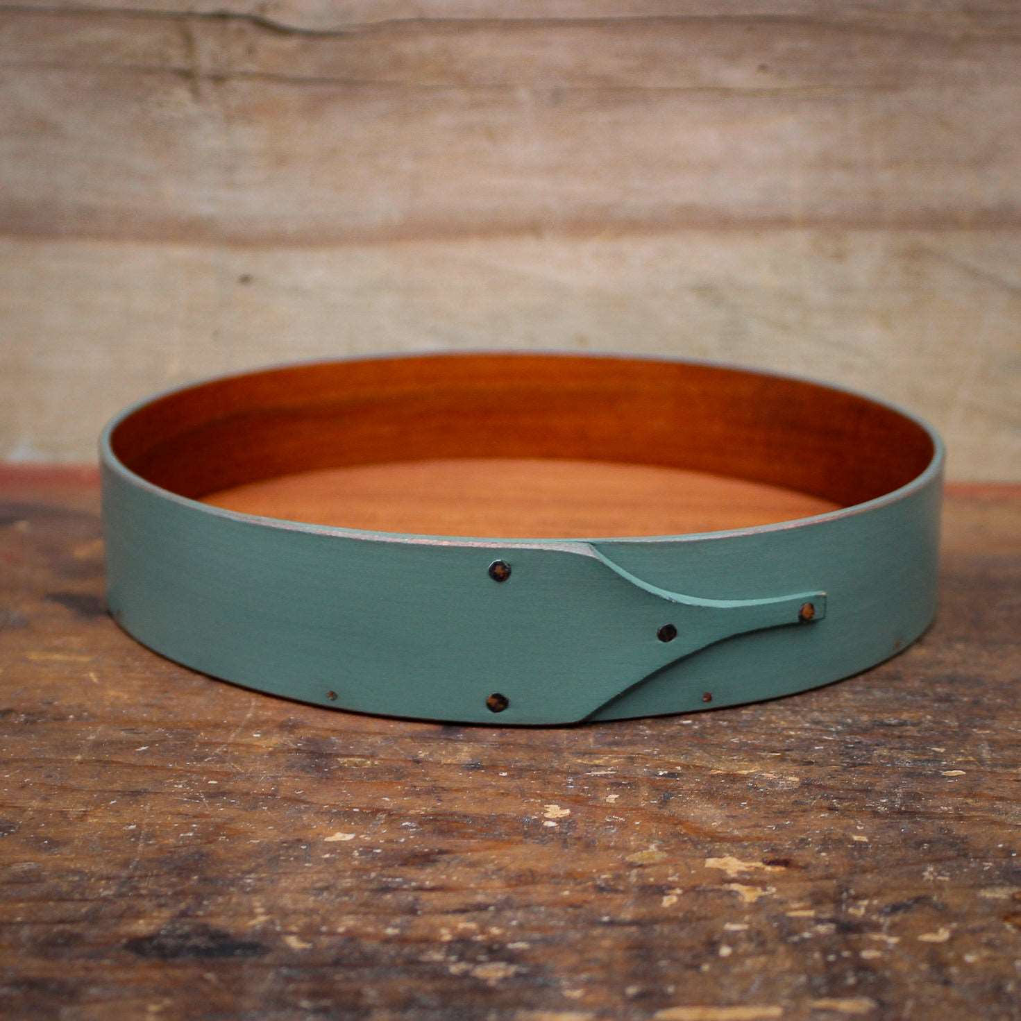 Shaker Style Round Stitchers Tray, LeHays Shaker Boxes, Handcrafted in Maine, Sea Green Milk Paint Finish, Front View