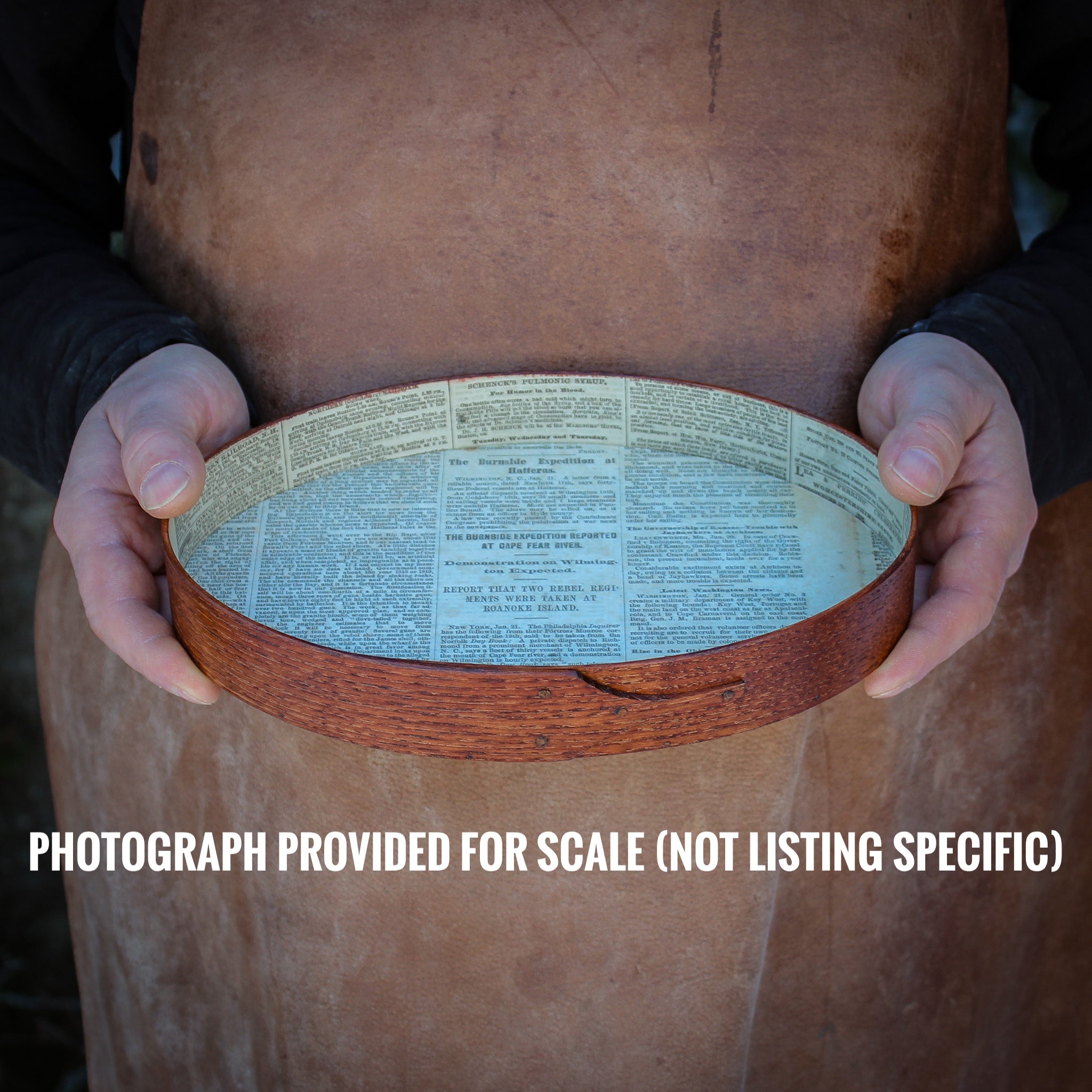 Size #5 Oval Stitchers Tray, Papered Interior, Green Milk Paint Finish