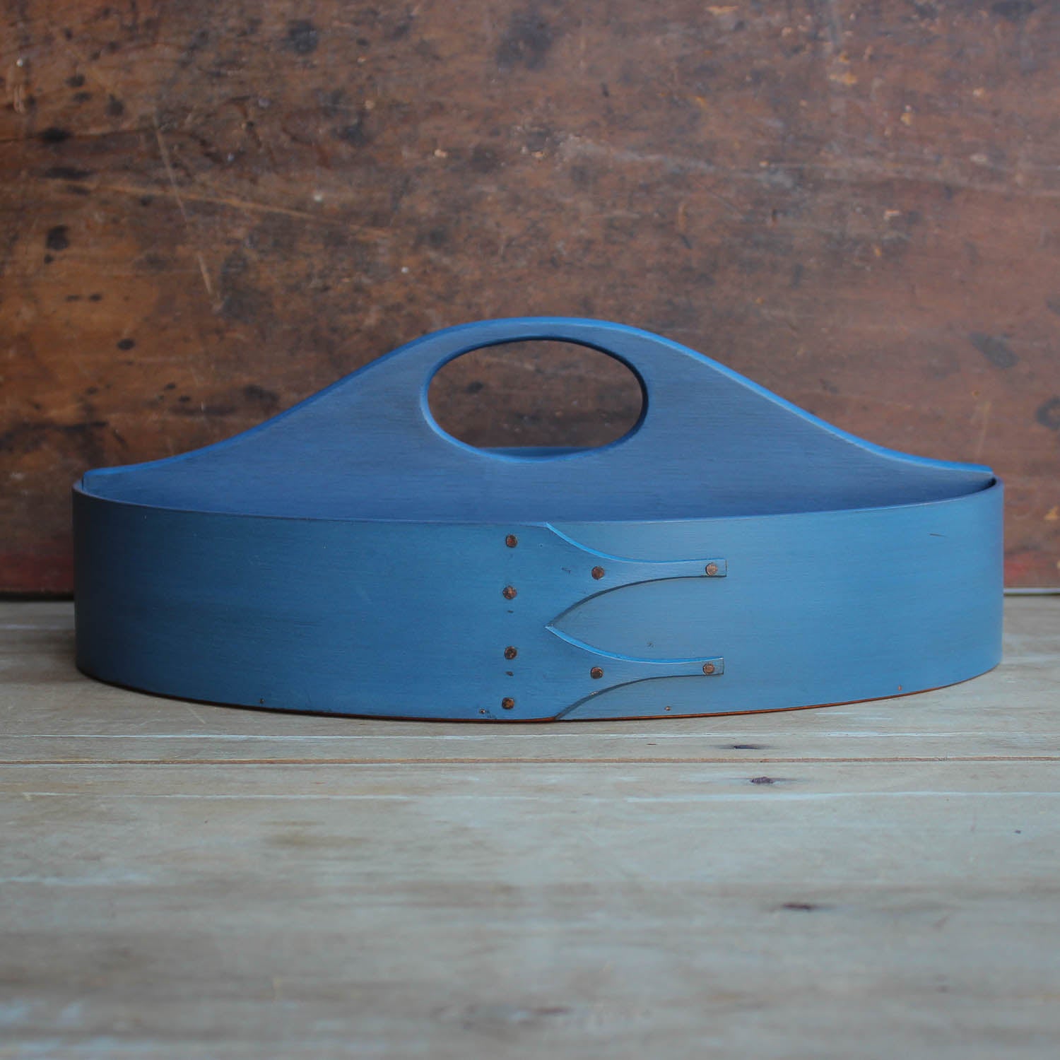 Shaker Style Divided Carrier, LeHays Shaker Boxes, Handcrafted in Maine, Blue Milk Paint Finish, Front View