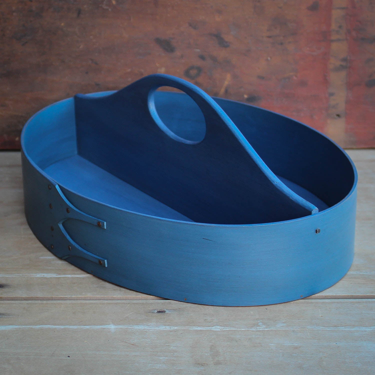 Shaker Style Divided Carrier, LeHays Shaker Boxes, Handcrafted in Maine,Blue Milk Paint Finish, Side View
