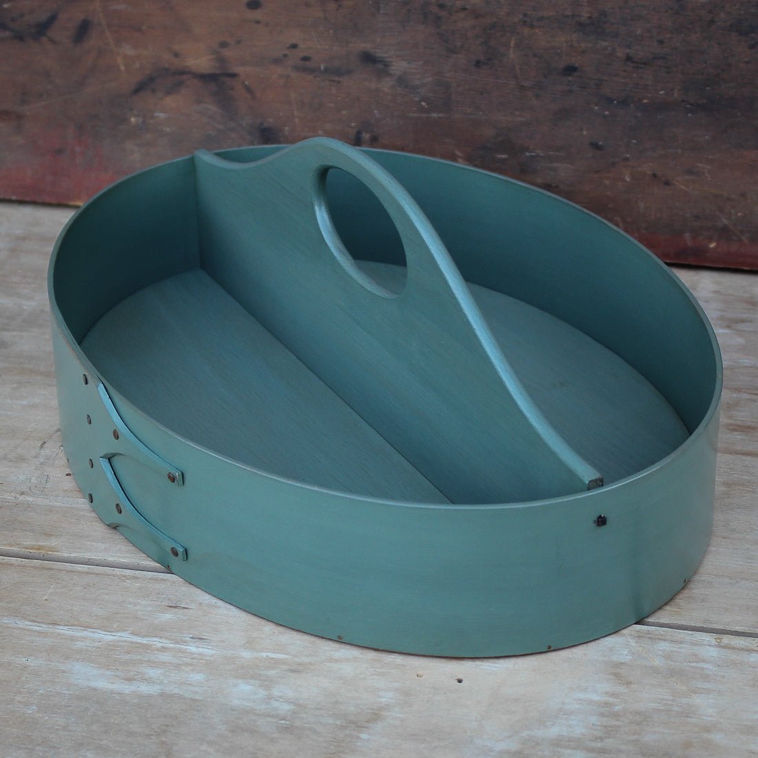 Shaker Style Divided Carrier, LeHays Shaker Boxes, Handcrafted in Maine, Sea Green Milk Paint Finish, Side View