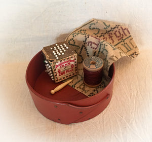 Shaker Style Pin Cushion Base for Needlework, LeHays Shaker Boxes, Handcrafted in Maine, Red Milk Paint Finish, Shown Holding Items