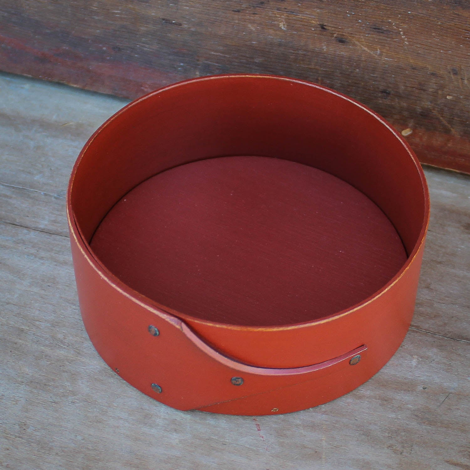 Shaker Style Pin Cushion Base for Needlework, LeHays Shaker Boxes, Handcrafted in Maine, Red Milk Paint Finish, Top View