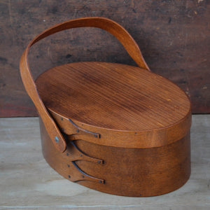 Shaker Style Swing Handle Carrier, LeHays Shaker Boxes, Handcrafted in Maine, Antiqued Natural Finish, Side View