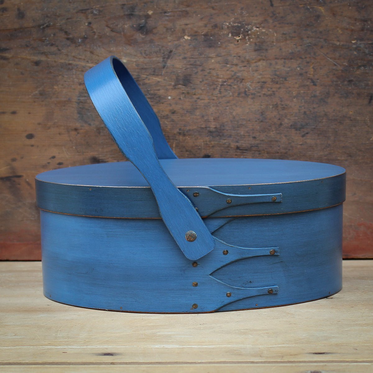 Shaker Style Swing Handle Carrier, LeHays Shaker Boxes, Handcrafted in Maine, Blue Milk Paint Finish, Front View