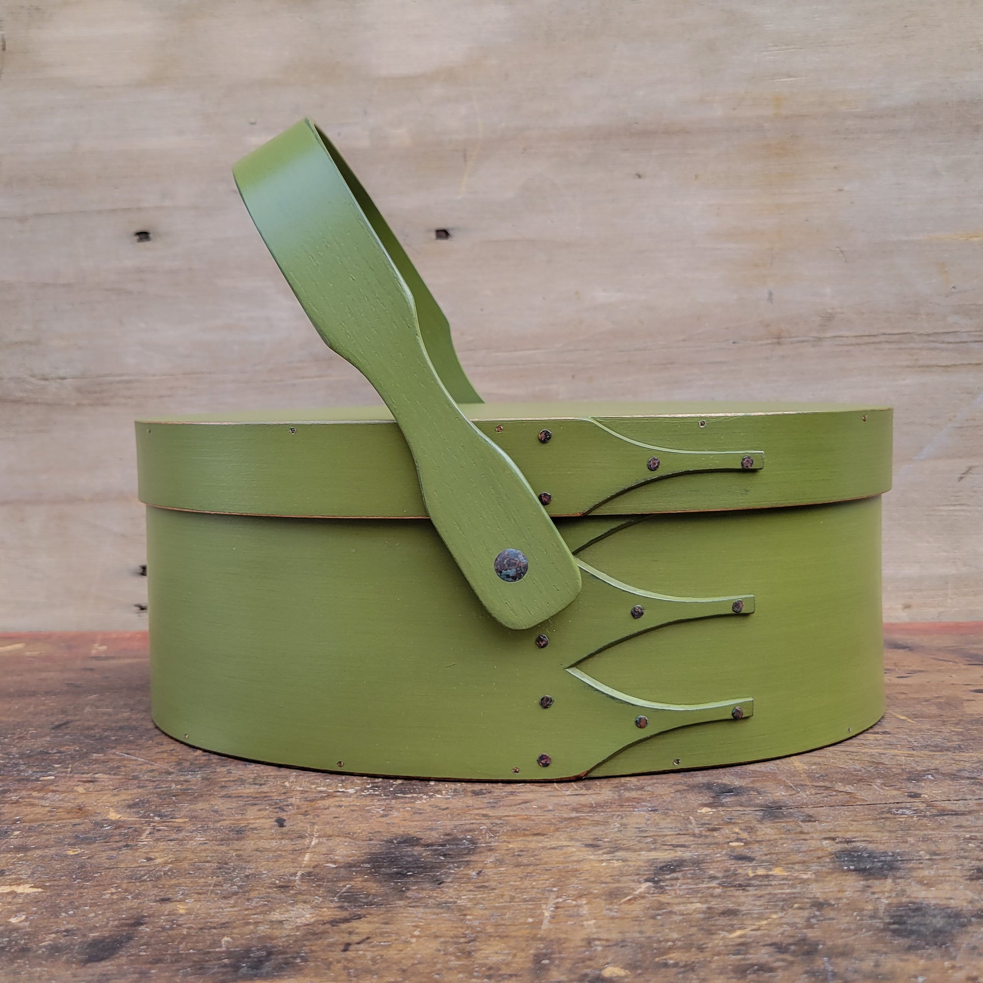 Shaker Style Swing Handle Carrier, LeHays Shaker Boxes, Handcrafted in Maine, Green Milk Paint Finish, Front View