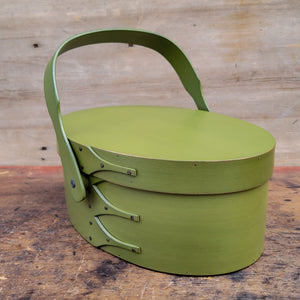 Shaker Style Swing Handle Carrier, LeHays Shaker Boxes, Handcrafted in Maine, Green Milk Paint Finish, Side View