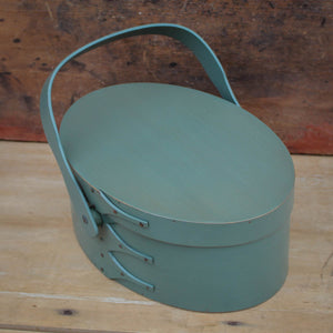 Shaker Style Swing Handle Carrier, LeHays Shaker Boxes, Handcrafted in Maine, Sea Green Milk Paint Finish, Side View