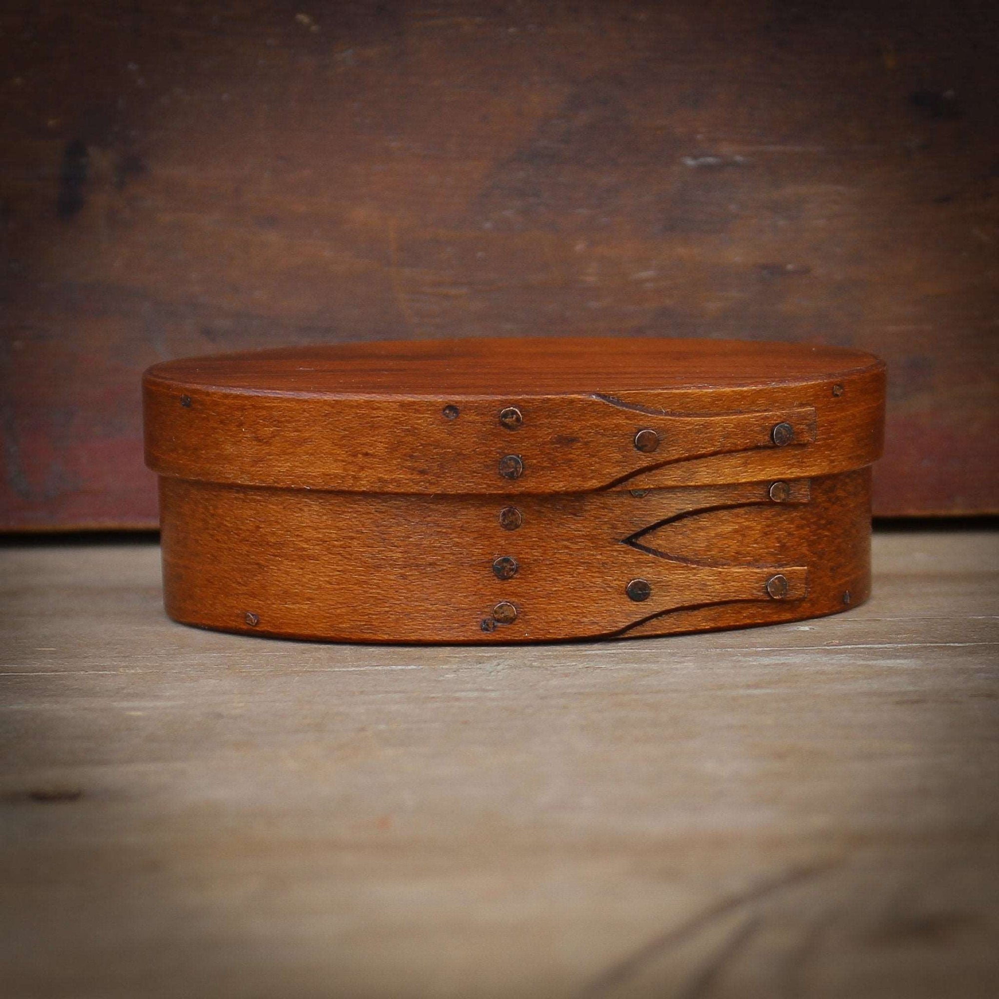 Shaker Oval Box, Size #0, LeHays Shaker Boxes, Handcrafted in Maine.  Antiqued Natural Finish, Front View