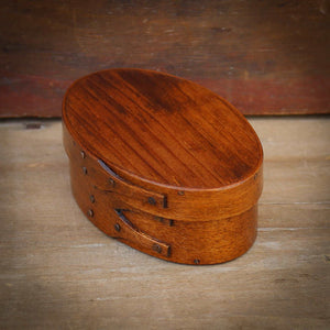 Shaker Oval Box, Size #0, LeHays Shaker Boxes, Handcrafted in Maine.  Antiqued Natural Finish, Side View