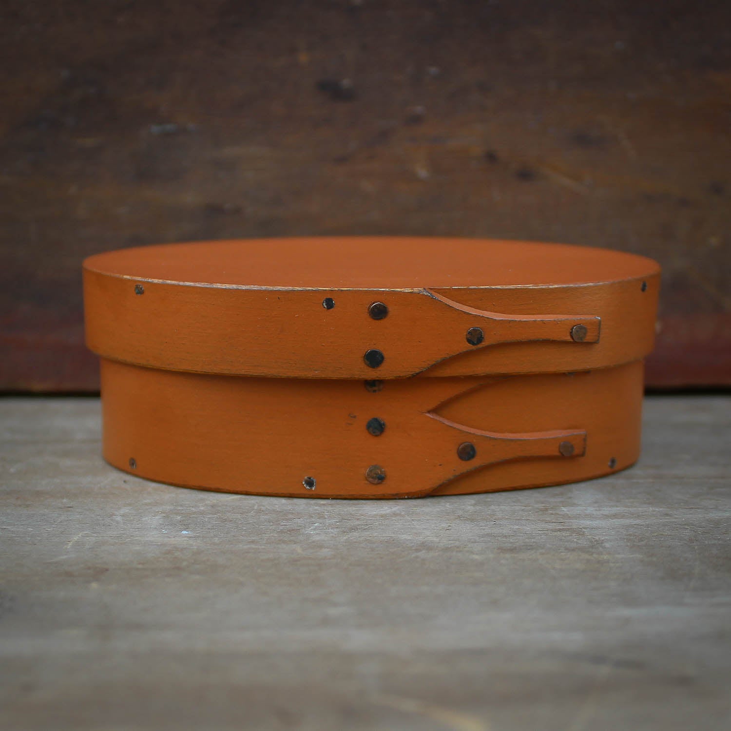 Shaker Oval Box, Size #0, LeHays Shaker Boxes, Handcrafted in Maine.  Pumpkin Milk Paint Finish, Front View