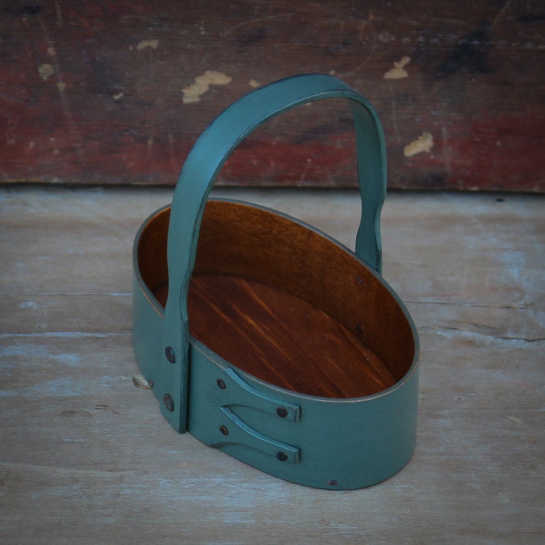 Shaker Carrier, Size #1, LeHays Shaker Boxes, Handcrafted in Maine.  Sea Green Milk Paint Finish, Side View