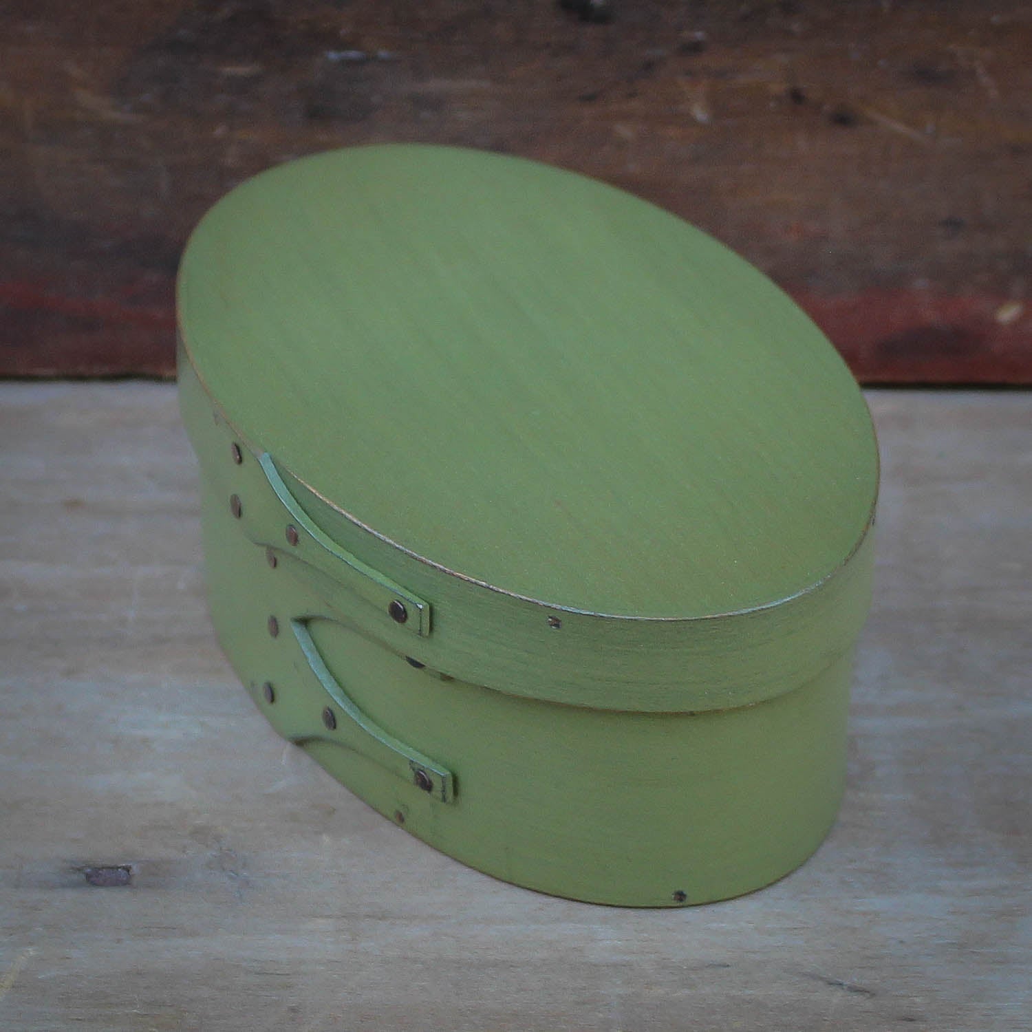 Shaker Oval Box, Size #1, LeHays Shaker Boxes, Handcrafted in Maine.  Green Milk Paint Finish, Side View