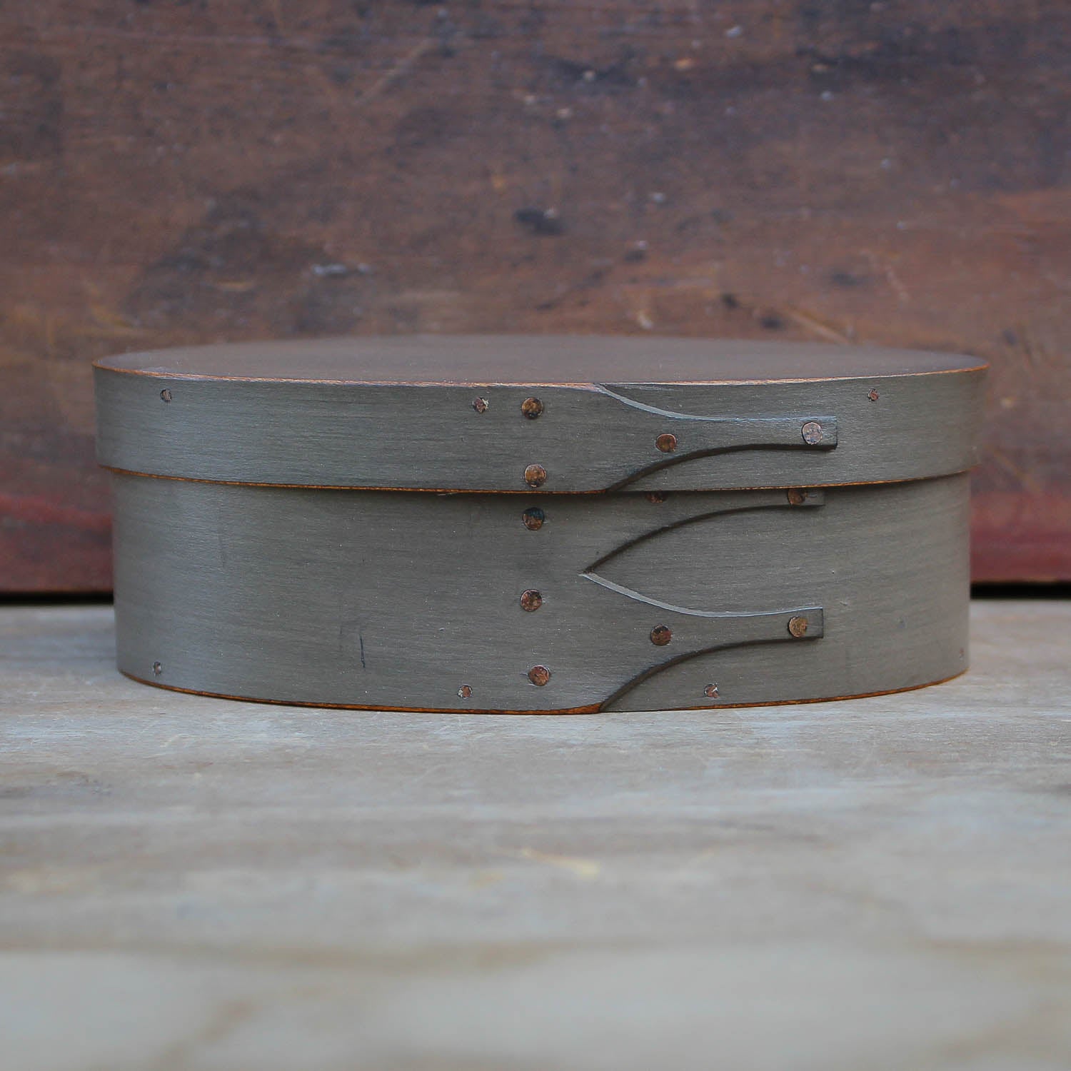 Shaker Oval Box, Size #1, LeHays Shaker Boxes, Handcrafted in Maine.  Grey Milk Paint Finish, Front View