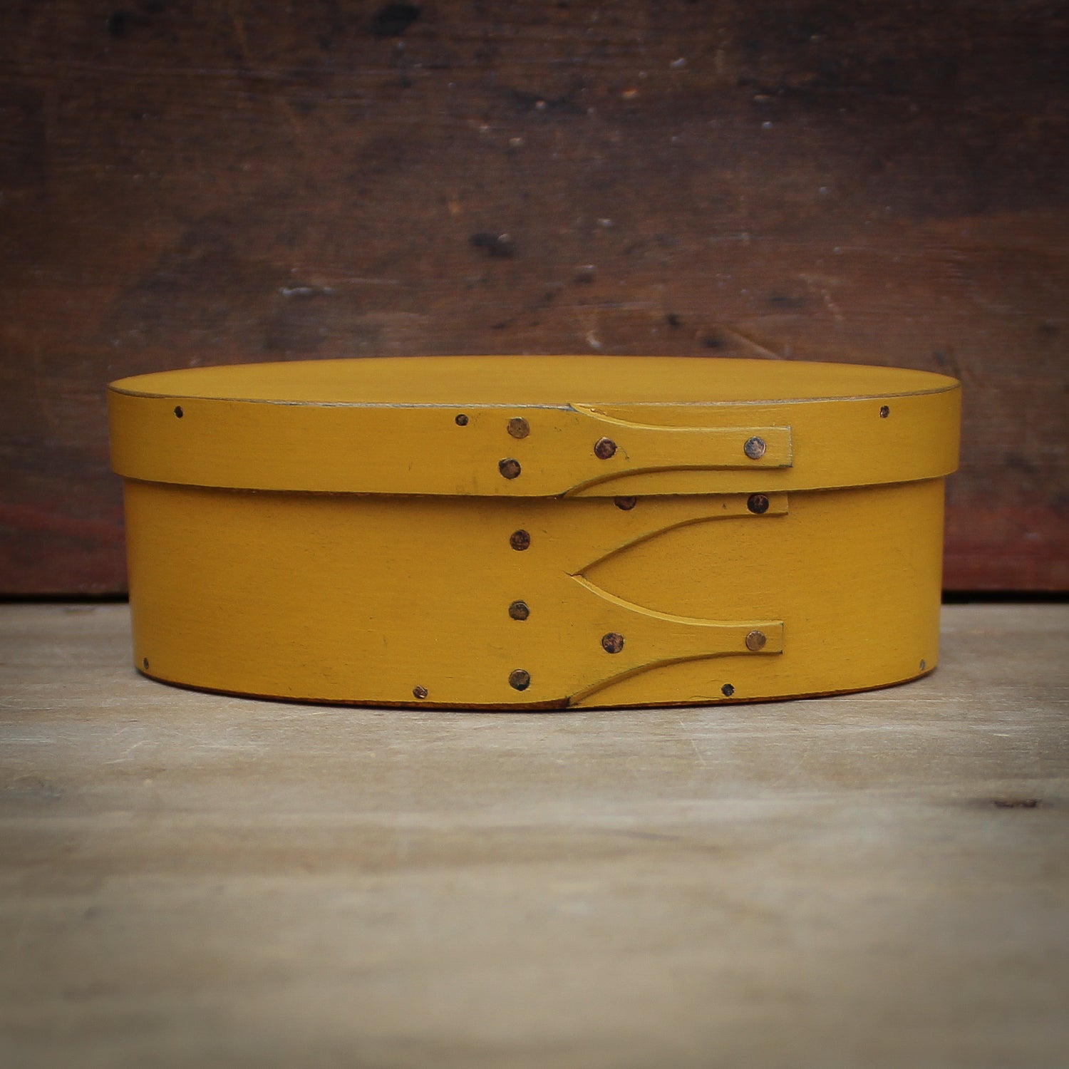 Shaker Oval Box, Size #1, LeHays Shaker Boxes, Handcrafted in Maine.  Yellow Milk Paint Finish, Front View