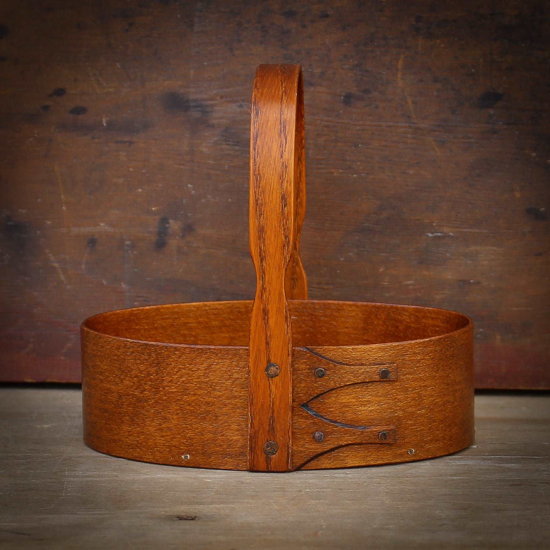 Shaker Carrier, Size #1, LeHays Shaker Boxes, Handcrafted in Maine.  Antiqued Natural Finish, Front View