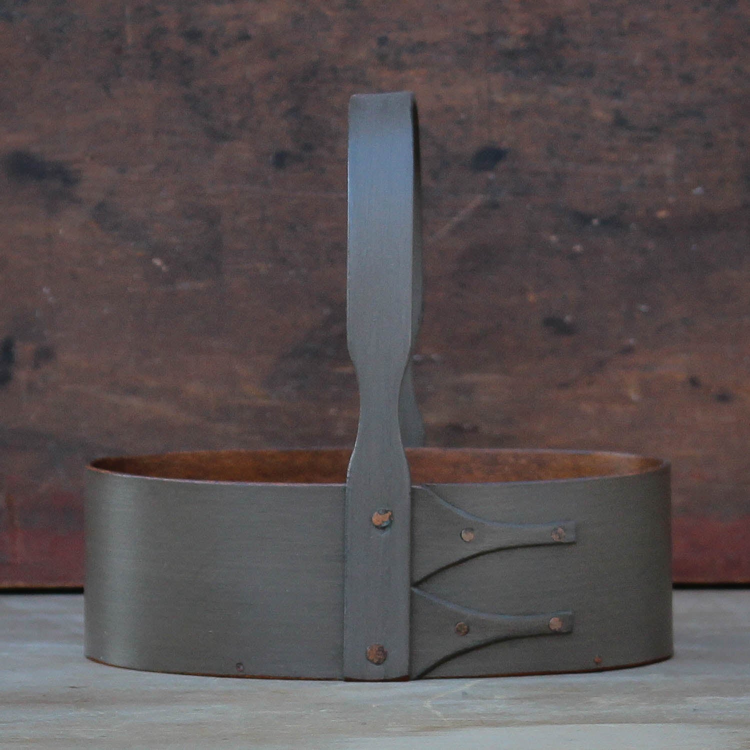 Shaker Carrier, Size #1, LeHays Shaker Boxes, Handcrafted in Maine.  Grey Milk Paint Finish, Front View