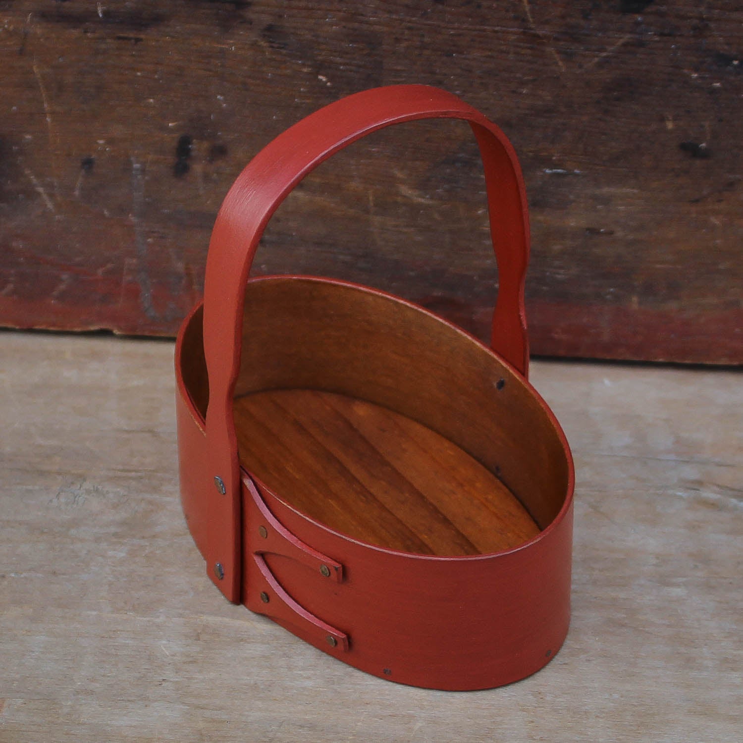 Shaker Carrier, Size #1, LeHays Shaker Boxes, Handcrafted in Maine.  Red Milk Paint Finish, Side View