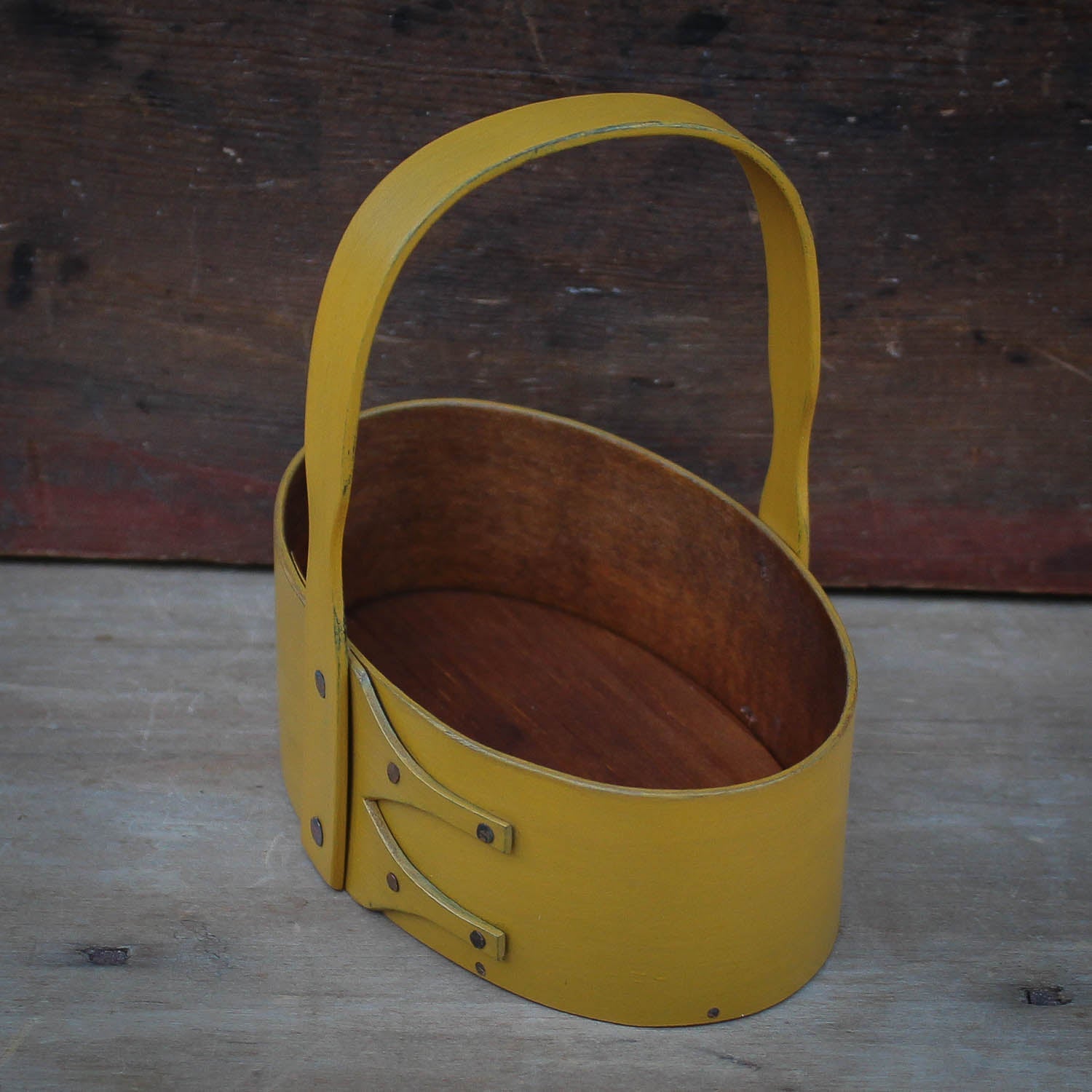Shaker Carrier, Size #1, LeHays Shaker Boxes, Handcrafted in Maine.  Yellow Milk Paint Finish, Side View