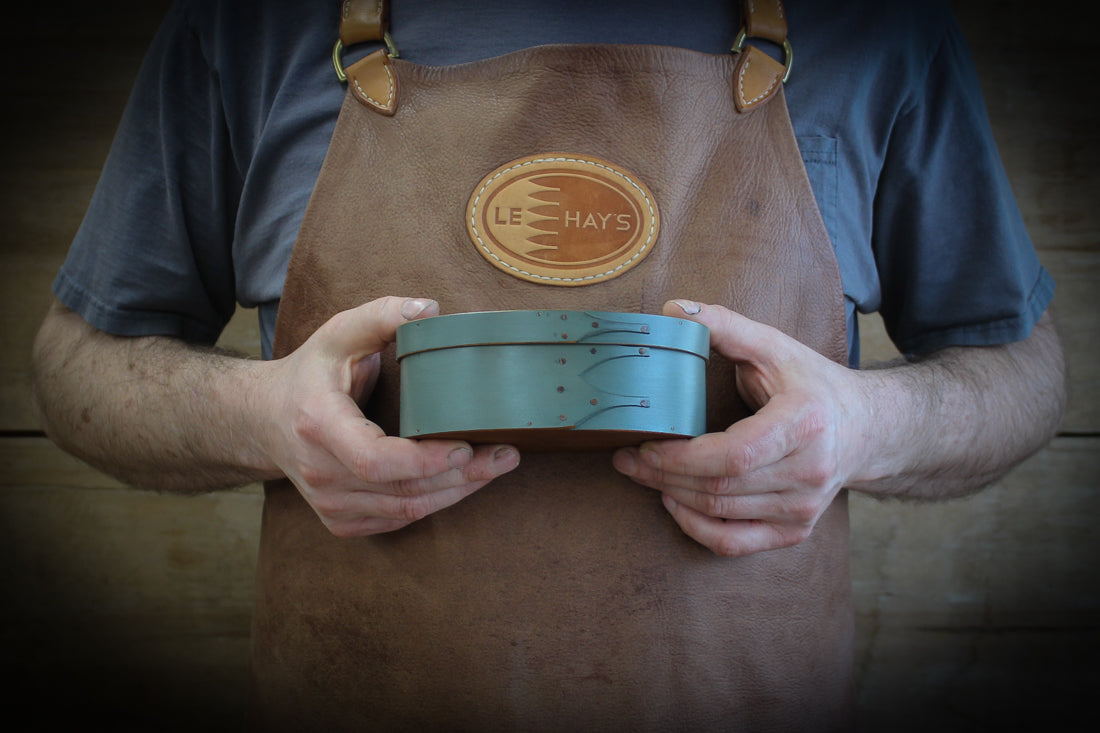 Shaker Oval Box, Size #2, LeHays Shaker Boxes, Handcrafted in Maine.  Sea Green Milk Paint Finish, Robert LeHay Holding Box