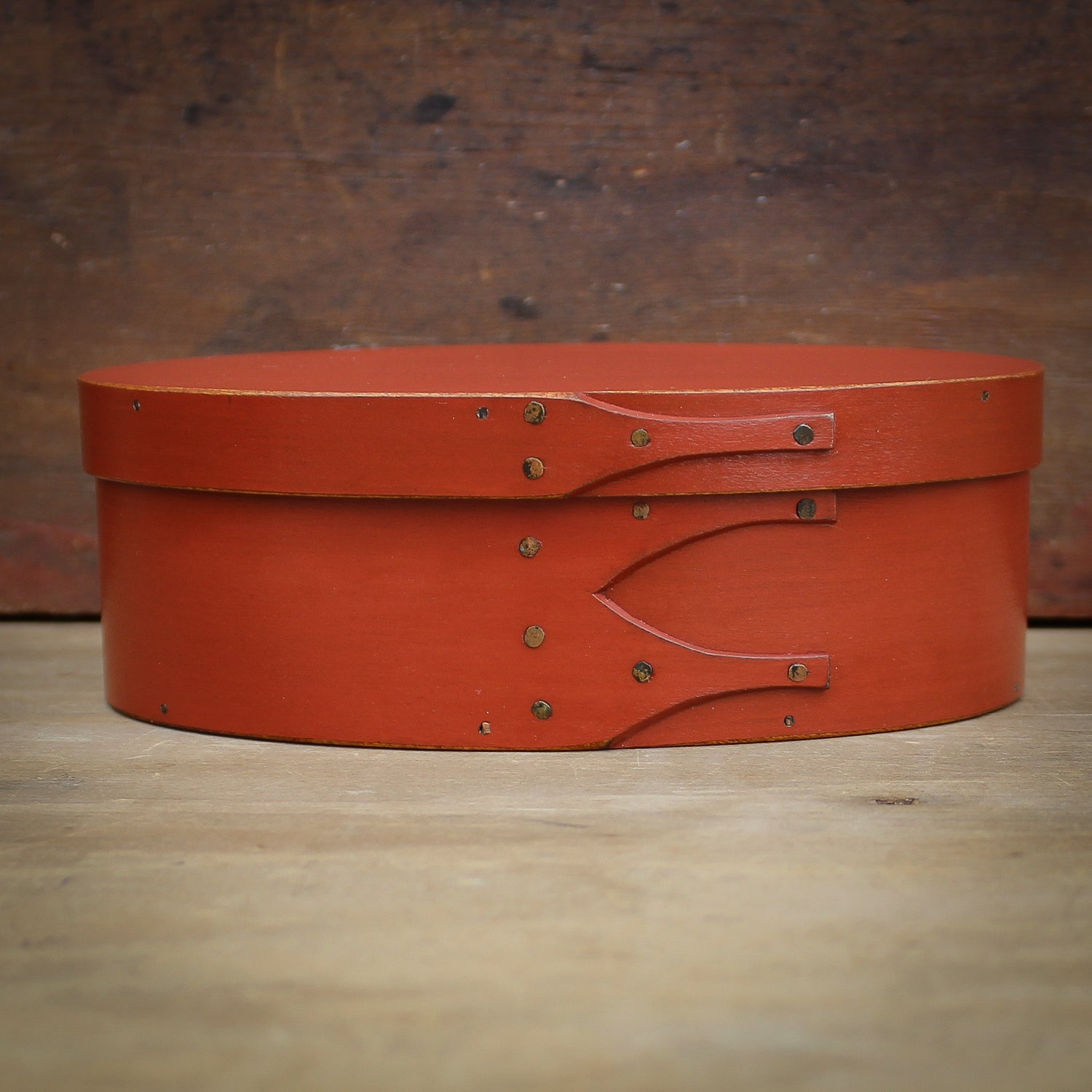 Shaker Oval Box, Size #2, LeHays Shaker Boxes, Handcrafted in Maine.  Red Milk Paint Finish, Front View
