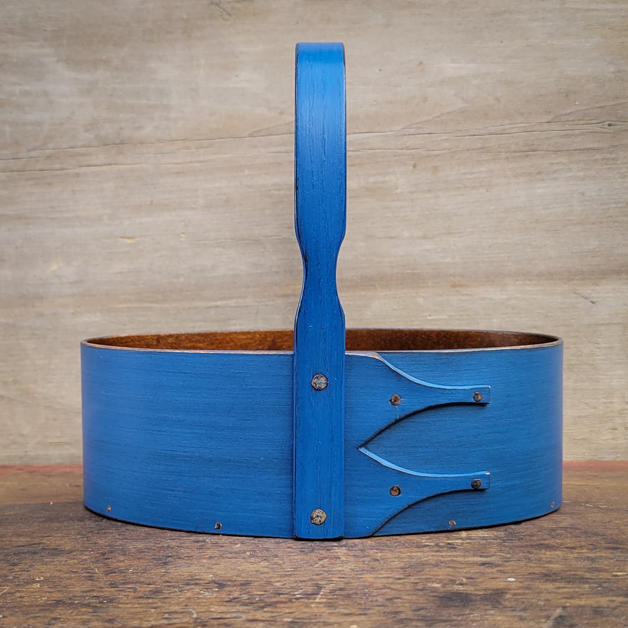 Shaker Carrier, Size #2, LeHays Shaker Boxes, Handcrafted in Maine.  Blue Milk Paint Finish, Front View